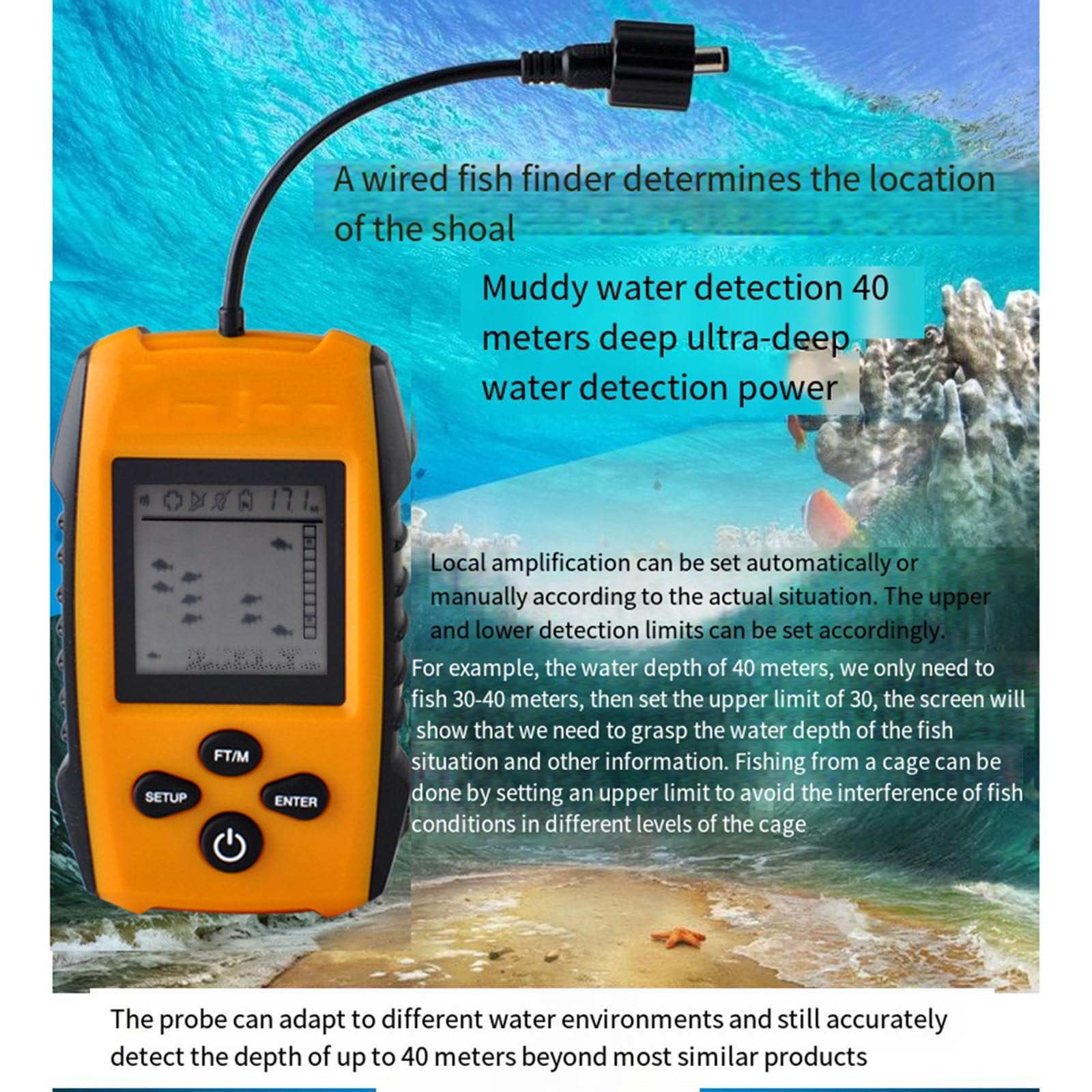 Sonar con cable, alarma de pesca, buscador de peces, sonda de profundidad subacuática, Detector de pesca, buscador de peces portátil, fácil de instalar