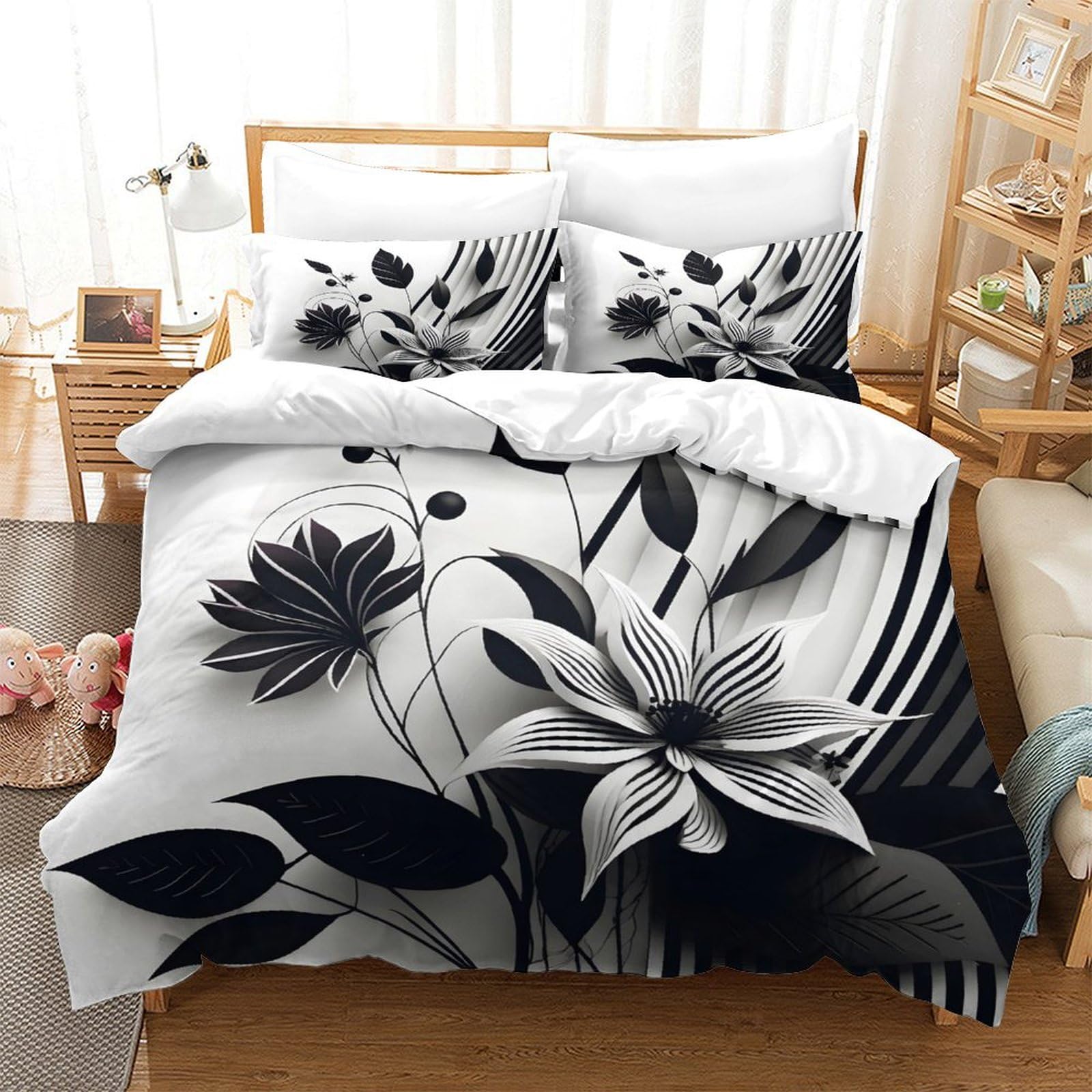 Liaohenkan Black/White And Striped Floral Kids Soft Microfiber Bedding Set Full Size 3Pcs Comforter Set With Zipper Closure Ultra Soft Quilt Set Breathable Duvet Cover Set Bedclothes Single（140X200cm）