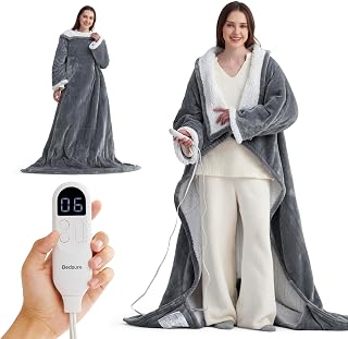 Bedsure Wearable Heated Blanket with Foot Pocket - Electric Snuggle Blanket for Adult with Sleeves, Winter Gifts for Mom Women Girlfriend, Warm Sherpa Heating Throw, Auto Shut Off, 50 x 71+18", Grey