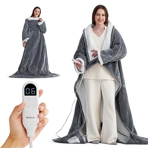 Bedsure Wearable Heated Blanket with Foot Pocket - Electric Snuggle Blanket for Adult with Sleeves, Winter Gifts for Mom Women Girlfriend, Warm Sherpa Heating Throw, Auto Shut Off, 50 x 71+18", Grey