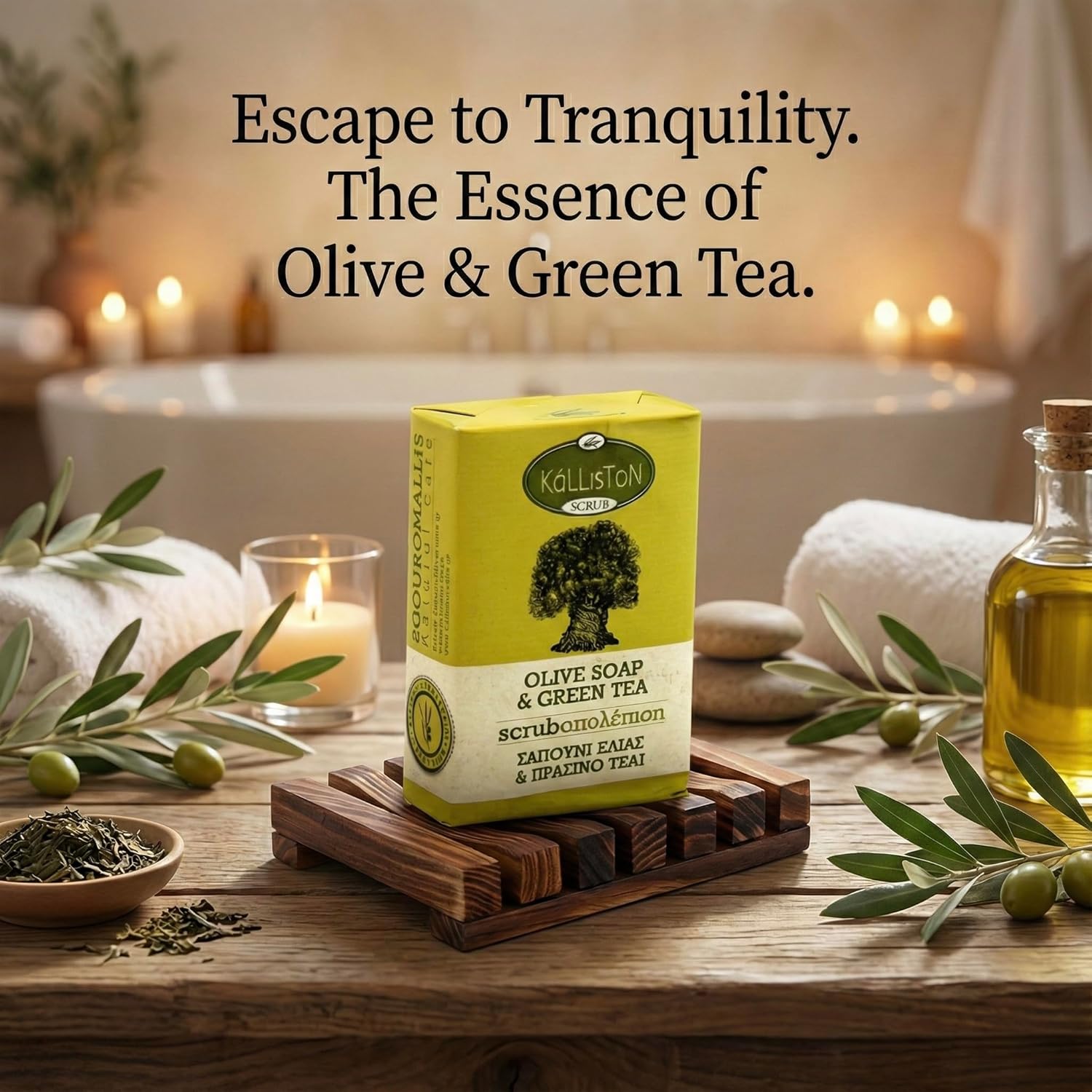 Kalliston, Olive Oil & Green Tea Scrub, Soap Bar, Handcrafted in Crete, Greece, Pack of 3 with bamboo Soap Dish