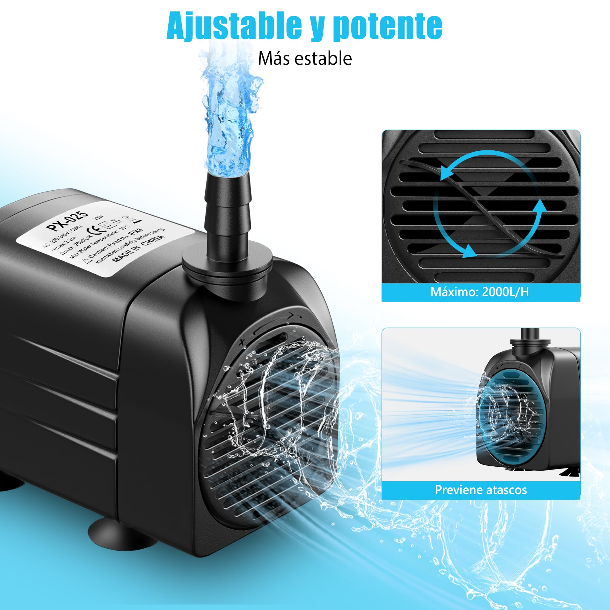 LNICEZ Bomba de Agua 25W/2000L/H para Acuario y Fuente de Estanque - Altura Máxima 2.2m, Sumergible — view 2