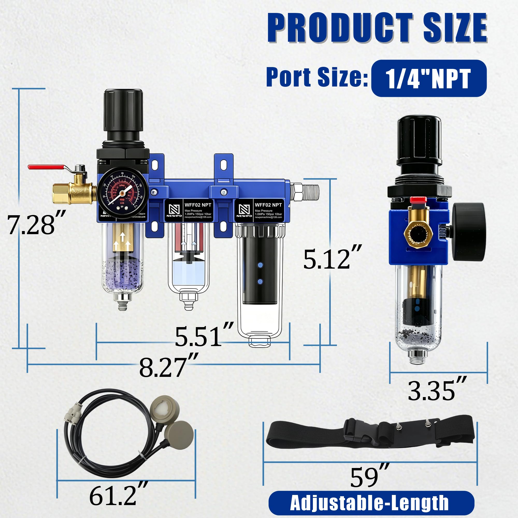 NEWPO Essiccatore d'aria NPT a 3 stadi da 0,25 pollici per compressore, separatore acqua/olio/odori con filtro a carbone attivo, regolatore combinato 150 PSI, scarico semiautomatico, sistema di