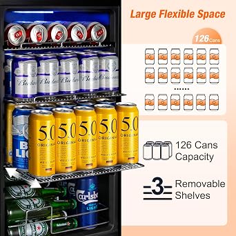 Beverage Refrigerator 17 Inch Wide, Mini Beverage Cooler with Glass Door 126 Cans, Countertop/Freestanding Beverage Beer Fridge with Temperature Memory, Perfect for Soda, Beer