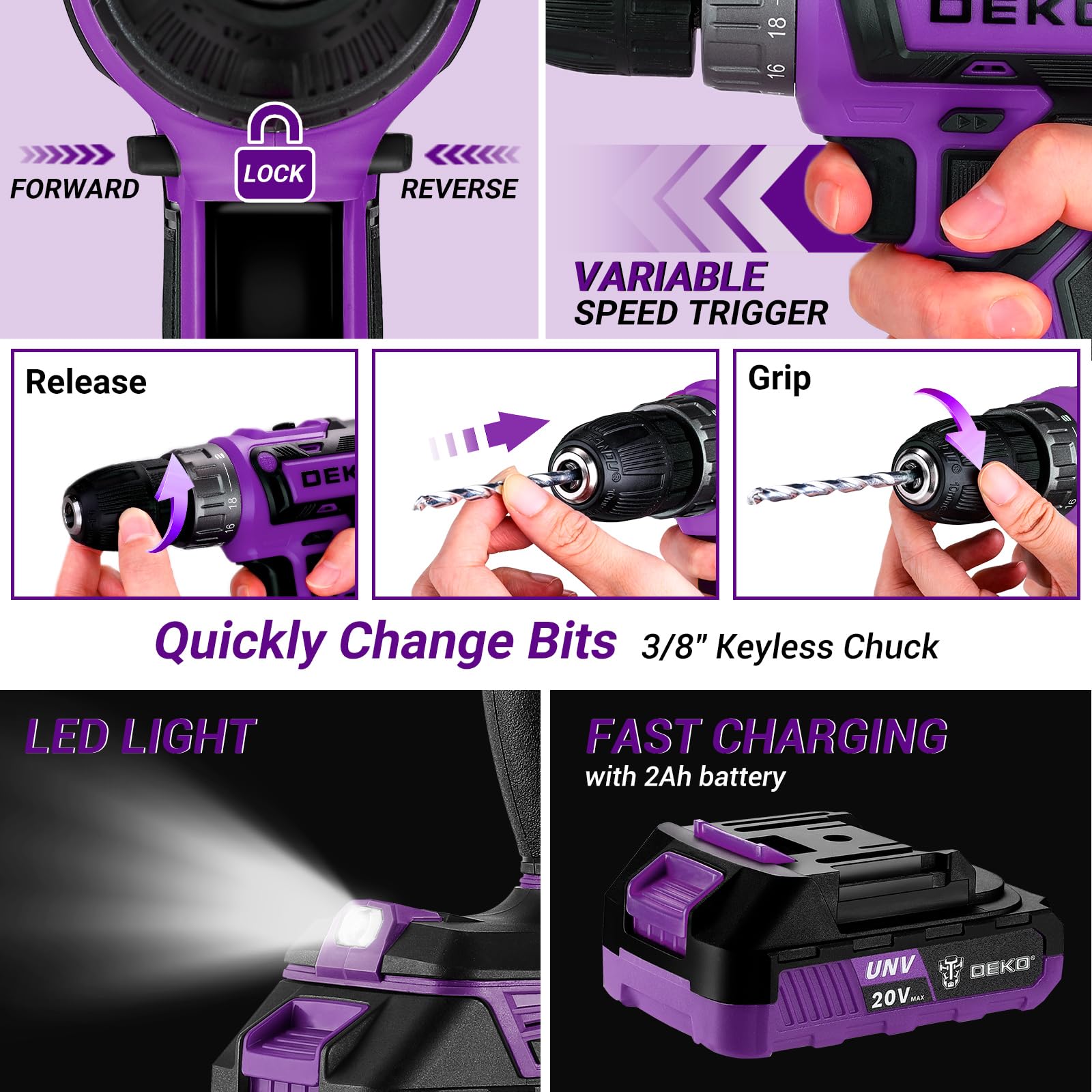 DEKO Caisse à Outils Complète 186 Pièces: Boîte à Outils Violet avec Perceuse Visseuse Sans Fil 20V, 1.5Ah Batterie, pour Maison, Bureau et Voiture, pour Entretien Quotidien