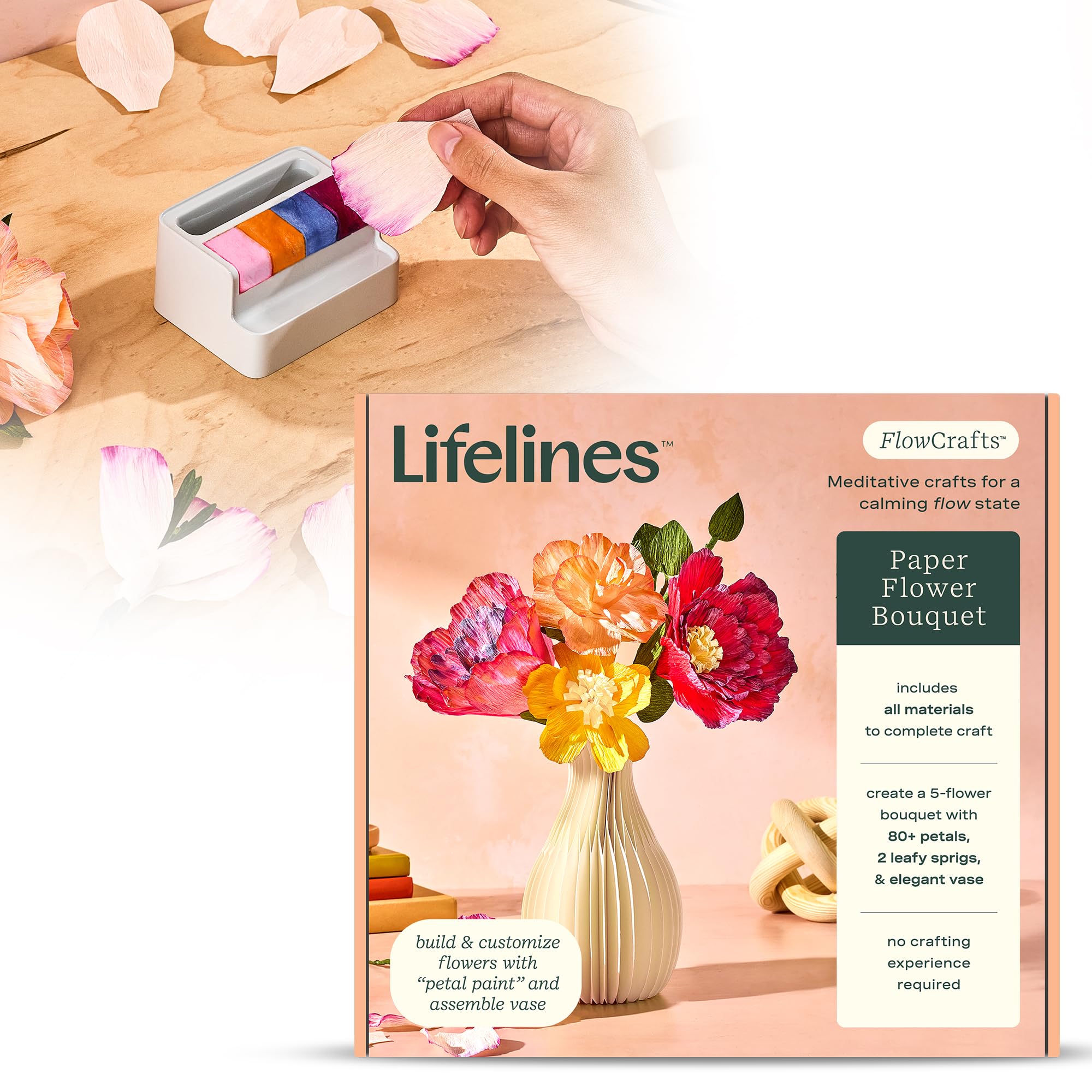 Lifelines FlowCrafts, Paper Flower Bouquet - Create a 5-Flower Bouquet with 80+ Petals, 2 Leafy Sprigs & Elegant Vase - Sensory Arts & Crafts Kit for Teens & Adults - Paper Decorations