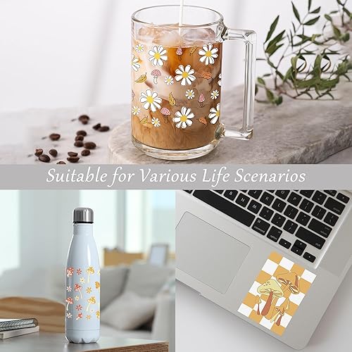 Miniatura 3 de AFRITEE Envolturas de tazas UV DTF  8 hojas florales naturales lindo rosa amarillo margarita hongo tablero de ajedrez impermeable frotar en UV DTF