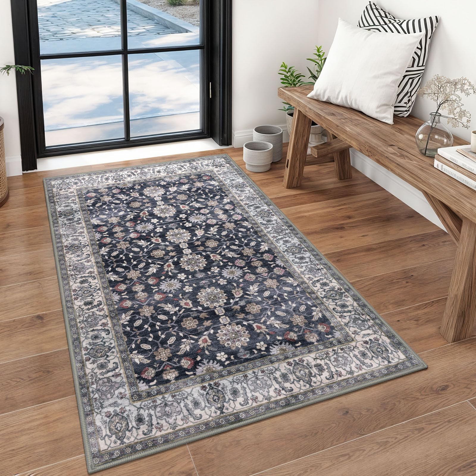 KUTA 3x5 Rugs for Entryway Vintage Grey Black Beige Area Rug Washable
