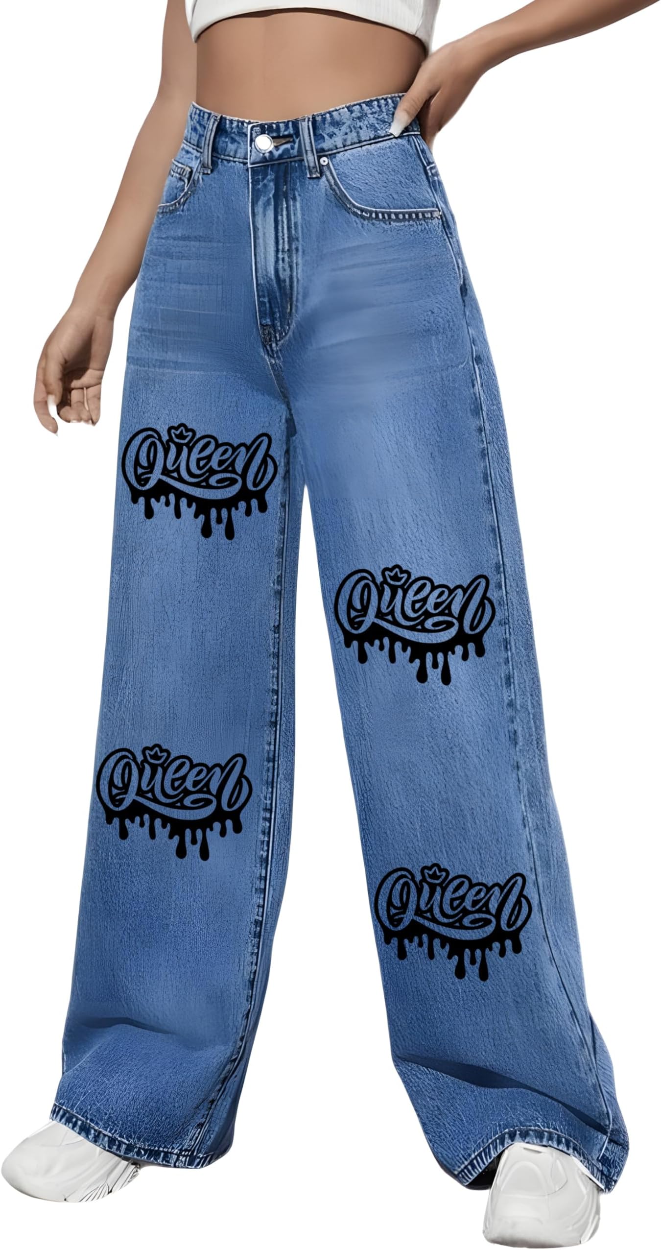 Women's Casual Loose High Waist Queen Printed Denim Jeans Straight Wide Leg Jeans