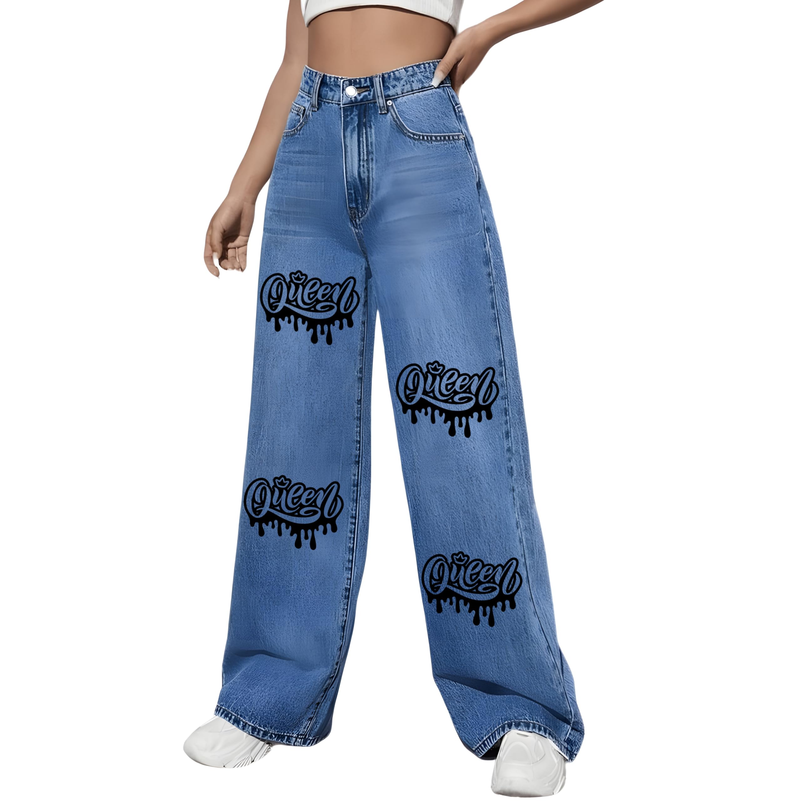Women's Casual Loose High Waist Queen Printed Denim Jeans Straight Wide Leg Jeans