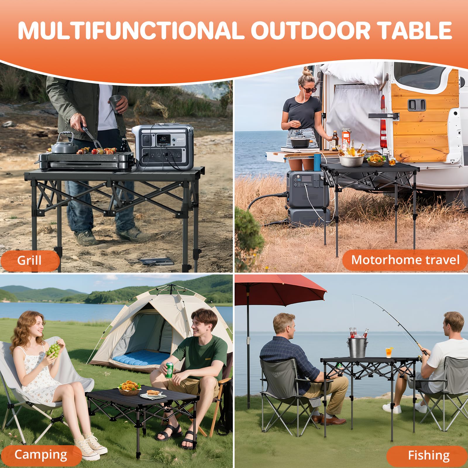FUNYKICH Tavolo da Campeggio Pieghevole, Altezza Regolabile 2 Posizioni (44/70 cm), Tavolo da Picnic per Barbecue,Struttura in Acciaio X Resistente, Tavolo per Griglia, per Giardino, 67x58 cm, Nero