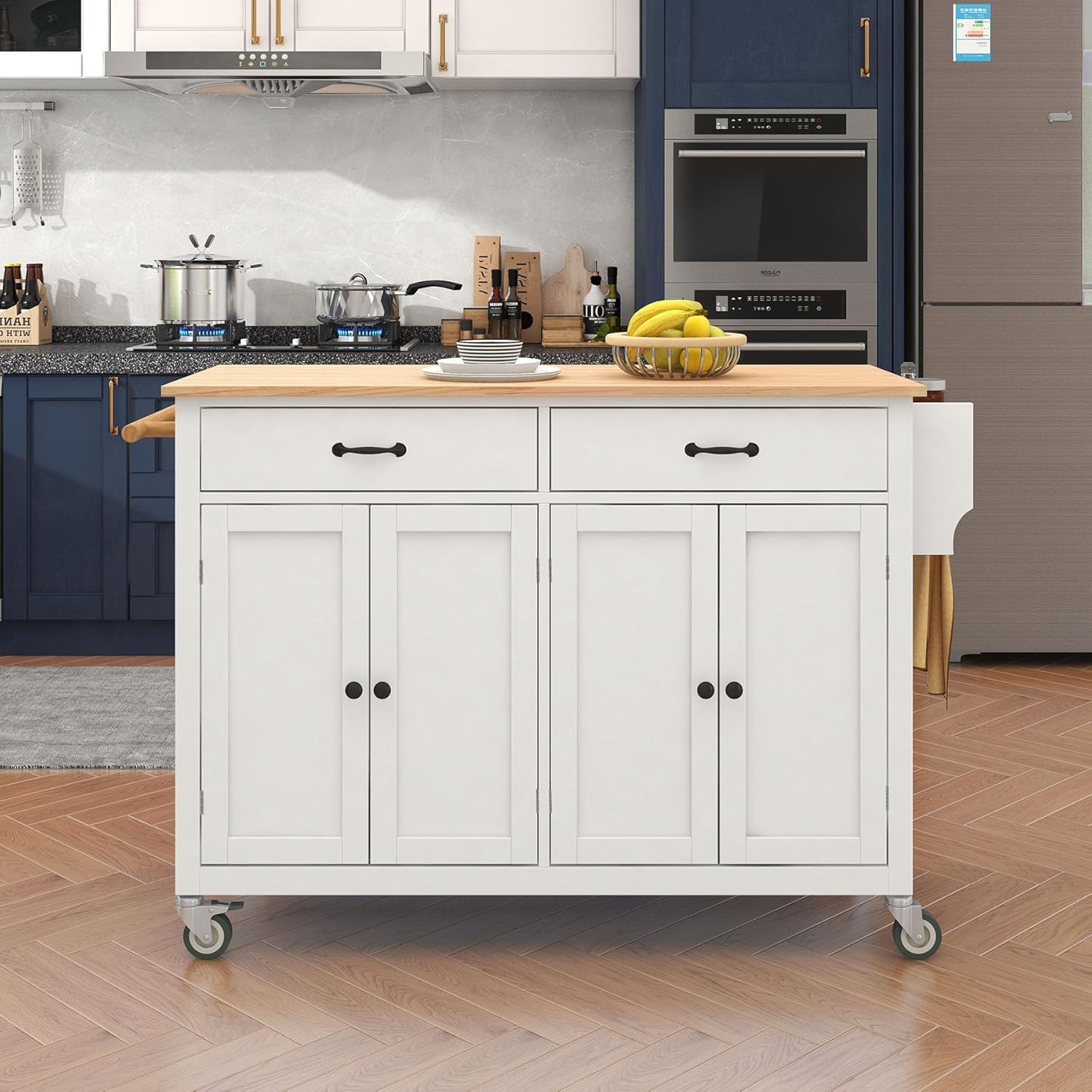 DOONREXS New Upgrade Thicken Wooden Kitchen Island on Wheels with Storage, Space-Saving Mobile Rolling Kitchen Island Cart with 2 Large Storage Drawers and Cabinet, Spice Rack, Towel Rack (White)