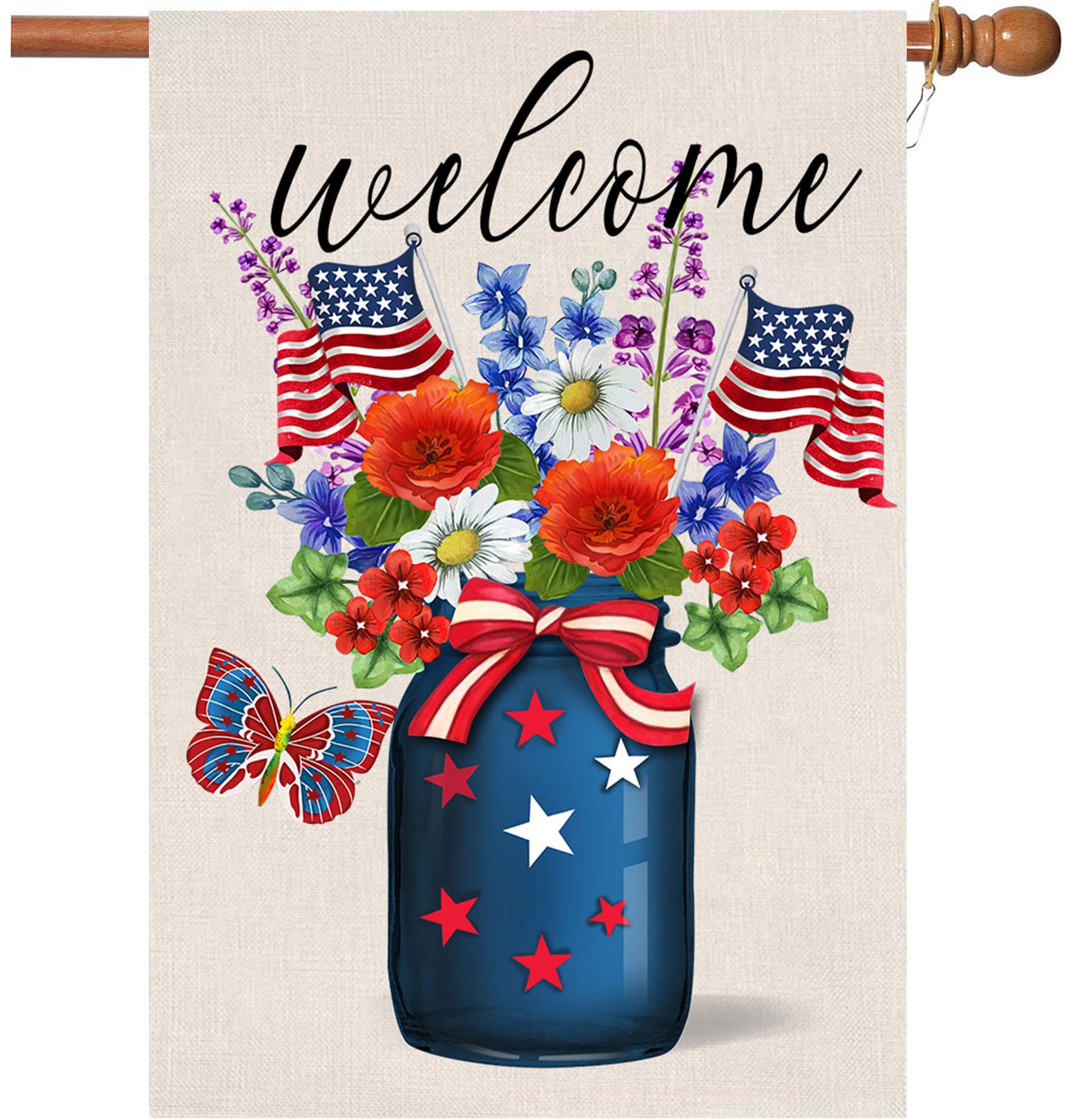 Akeydeco Happy Independence Flag,28x40 Inch Independence Day Garden Flags with Two Grommets Double Sided Printing 2 Layer Burlap Veterans Day Flag for Your Memorial Day Flag Decoration