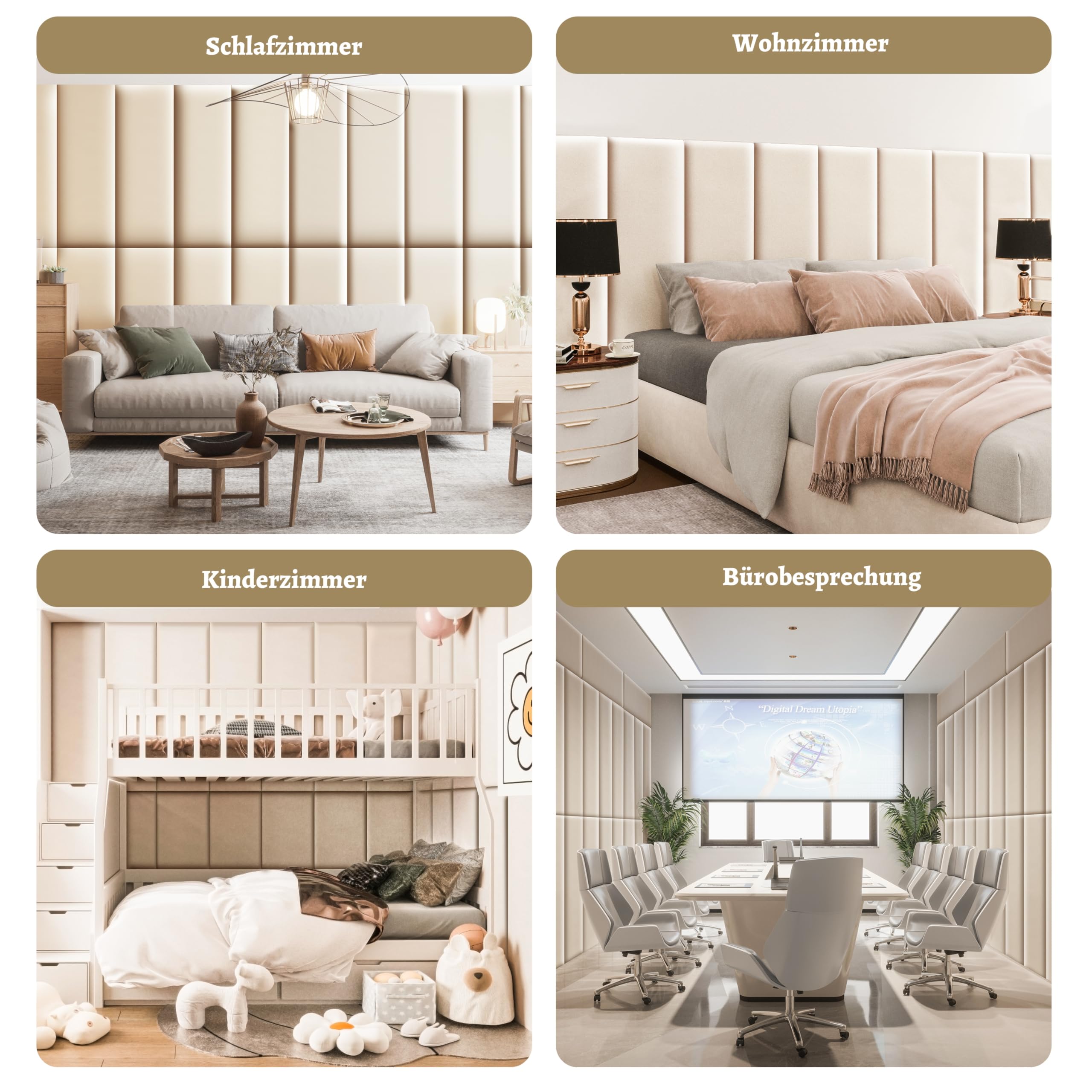 Johnear Lot de 4 coussins muraux 3D, en cuir rembourré, pour tête de lit, décoration murale, acoustique, pour chambre d'enfant, 90 x 30 cm, beige