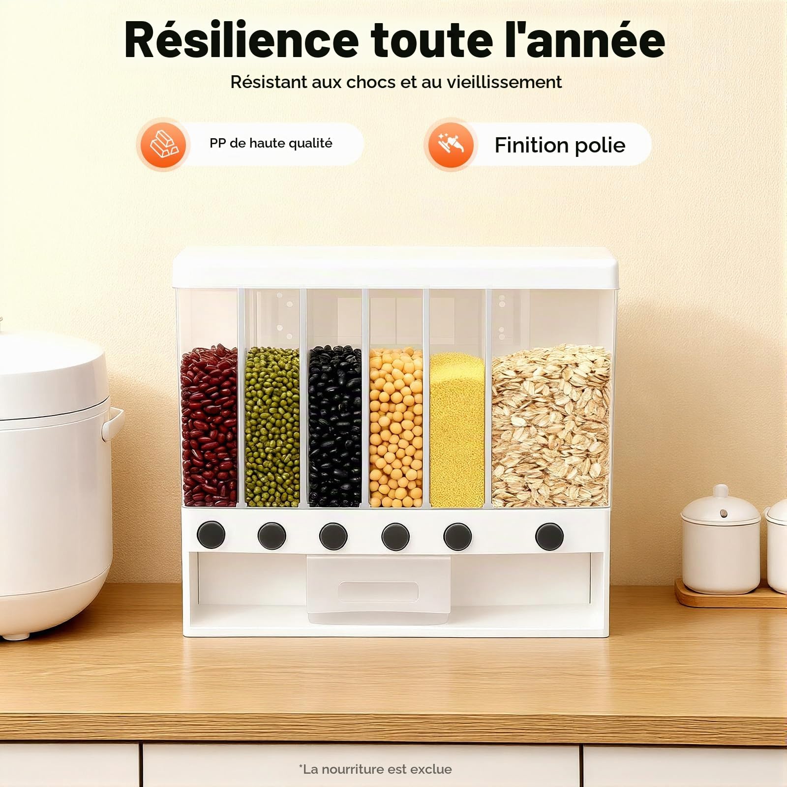 Distributeur Céréales 6 Compartiments Réservoir Alimentaire à Grains Secs avec Tasse Boîte de Rangement pour Cuisines Stockage Hermétique pour Salles à Manger, Garde-manger