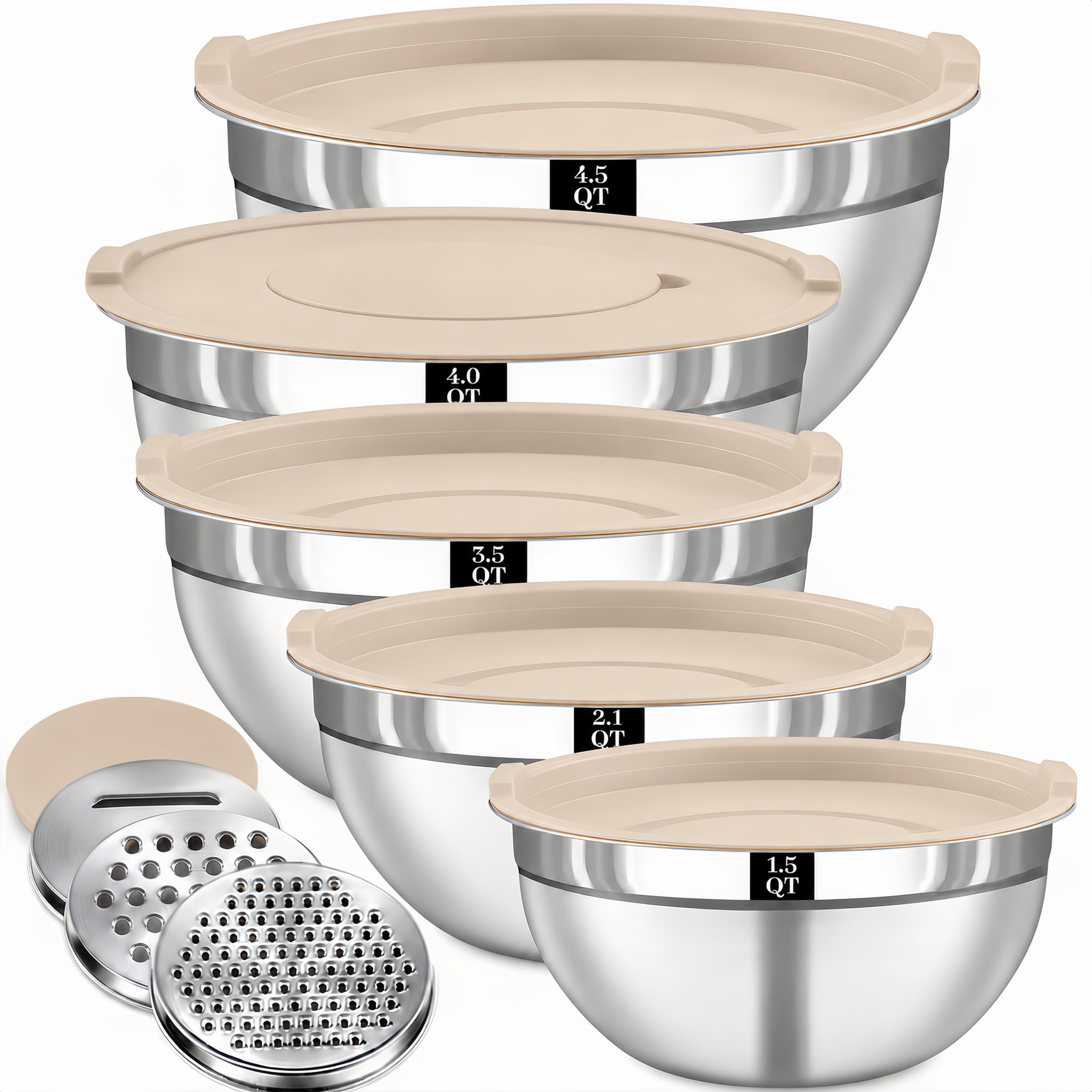 8PCS Stainless Steel Mixing Bowls with Lids - 5PCS Nesting Bowls, 3 Grater Attachments fo…