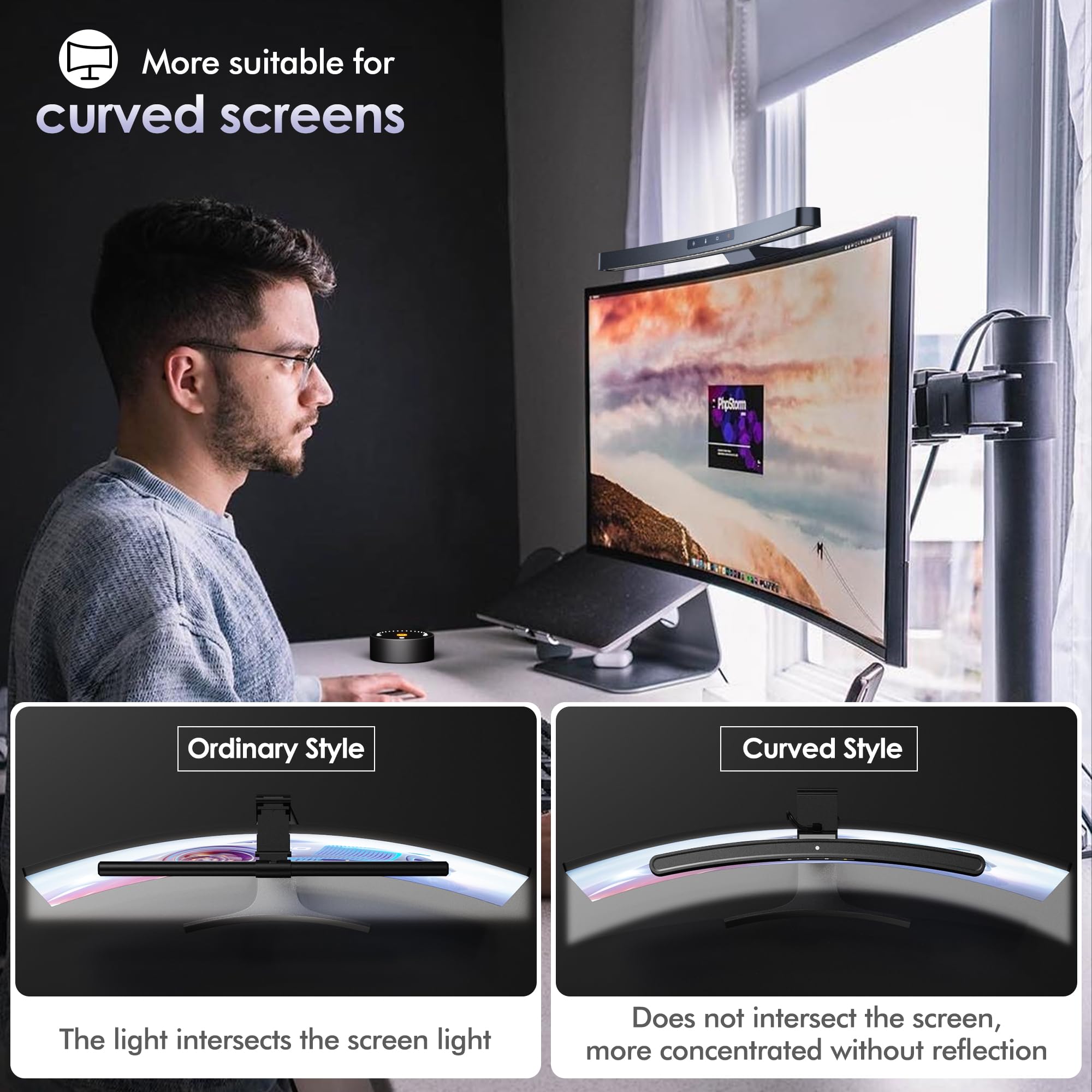 Quntis Lampe Écran PC Incurvé 45CM LED USB Monitor Light Bar avec Télécommande Double Réglage Gradation Automatique