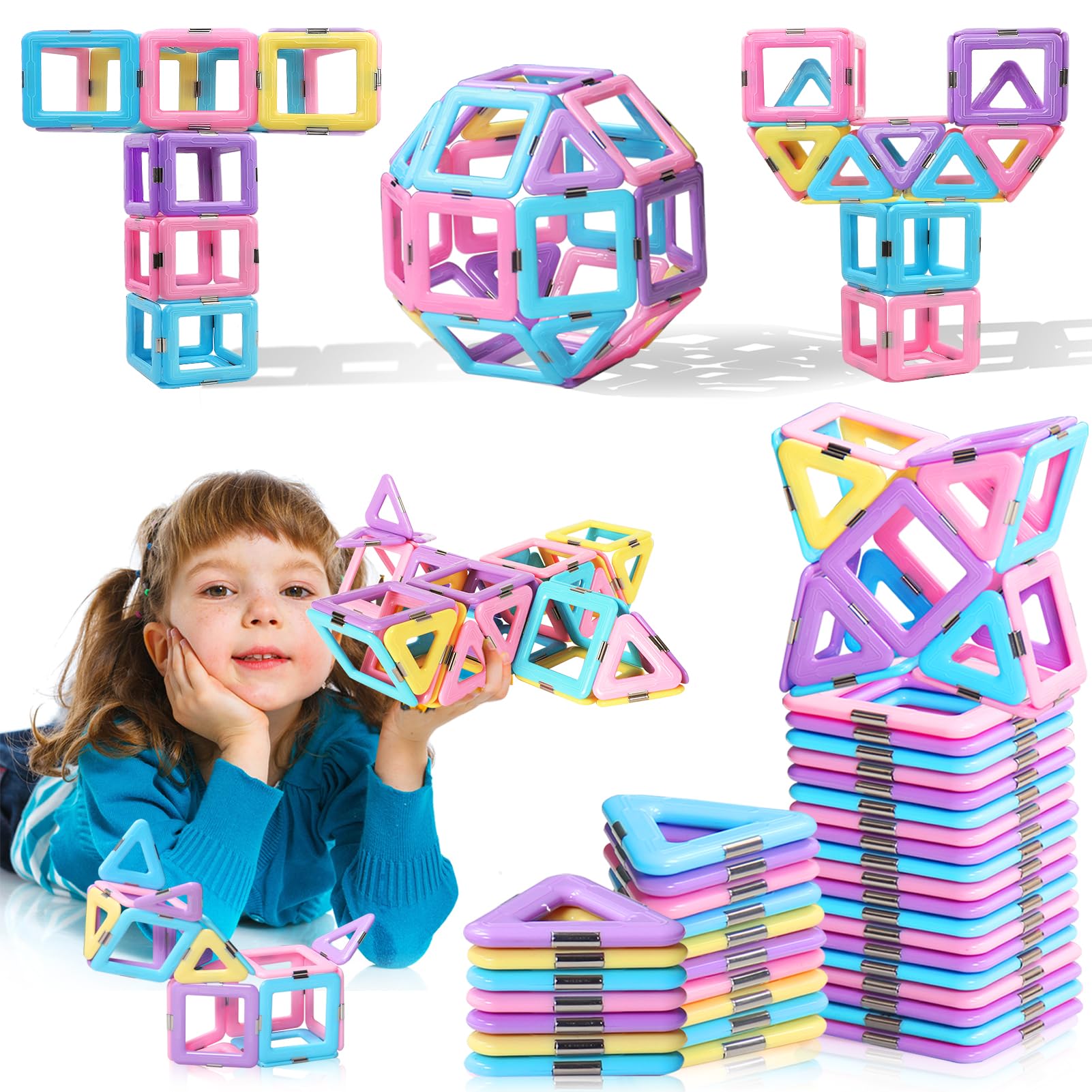 Magnetic Building Blocks Magnetic Tiles Toys for 3 4 5 6 7 Years Old Boys Girls Kids Educational Construction Magnet Toy Learning Games for Toddlers Christmas Birthday Gifts