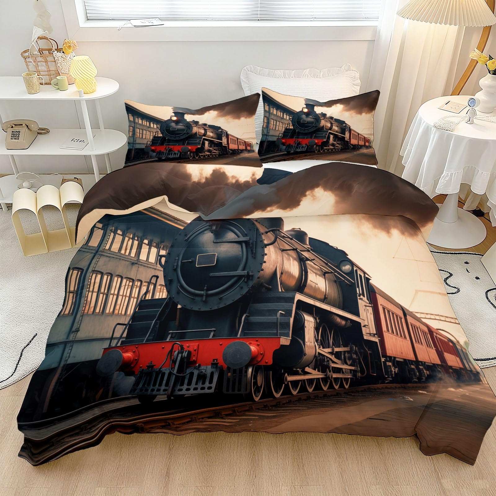 Housse de couette 240x260 rouge-brun et parure de lit locomotive à vapeur rétro