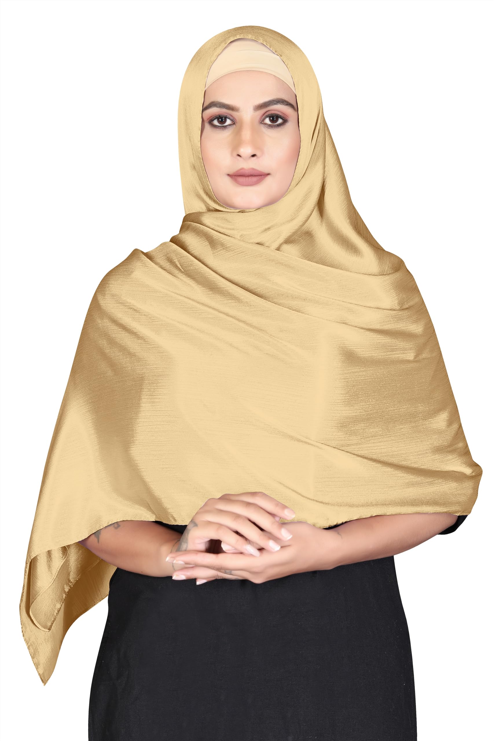 Satin Silk Shawls Muslim Solid Color Hijab Crinkled Scarf Women's Wraps Turban (Gold)