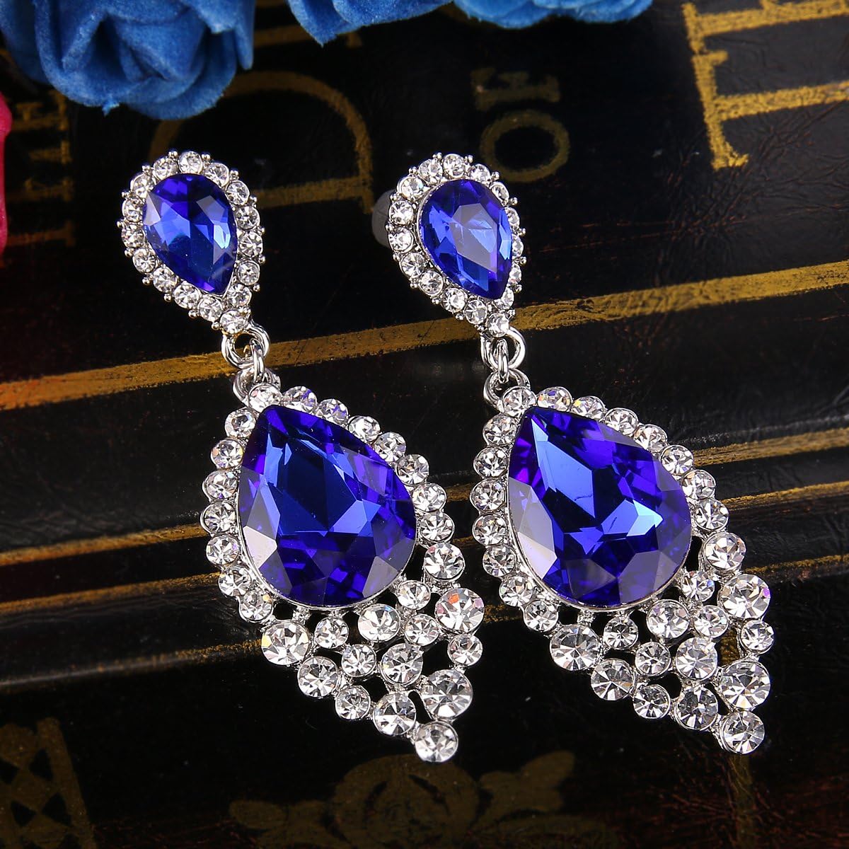 BriLove Women's Wedding Bridal Crystal Teardrop Cluster Beaded Chandelier Dangle Pierced Earrings - Image 3