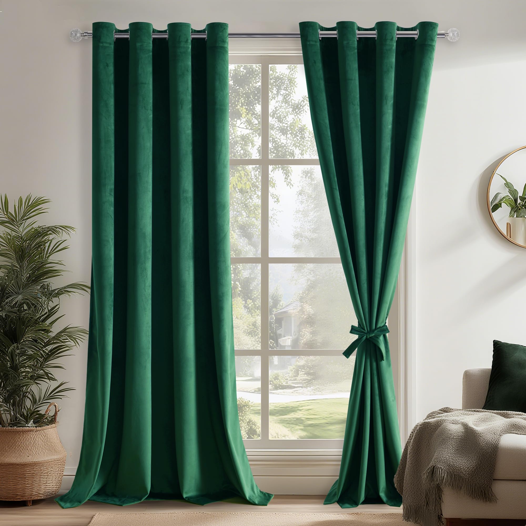 DWCN Green Velvet Curtains with Ties Home Deco Window Panels W60xL90 Inch