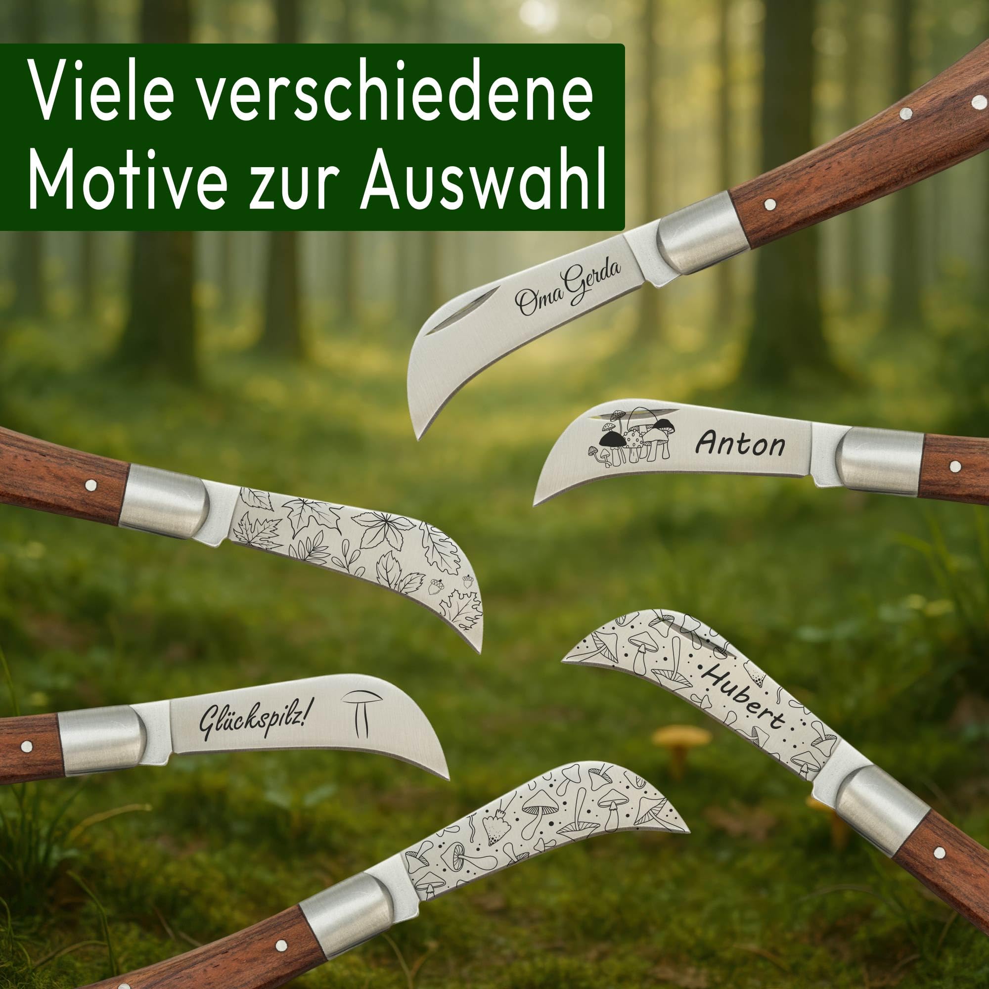 ADAM WILD Pilzmesser mit Gravur | personalisiertes Geschenk für Pilzsammler | Schonende Pilzernte | klappbares Taschenmesser, gebogene Edelstahlklinge & Holzgriff | Outdoor & Naturfreunde | Lasergravur