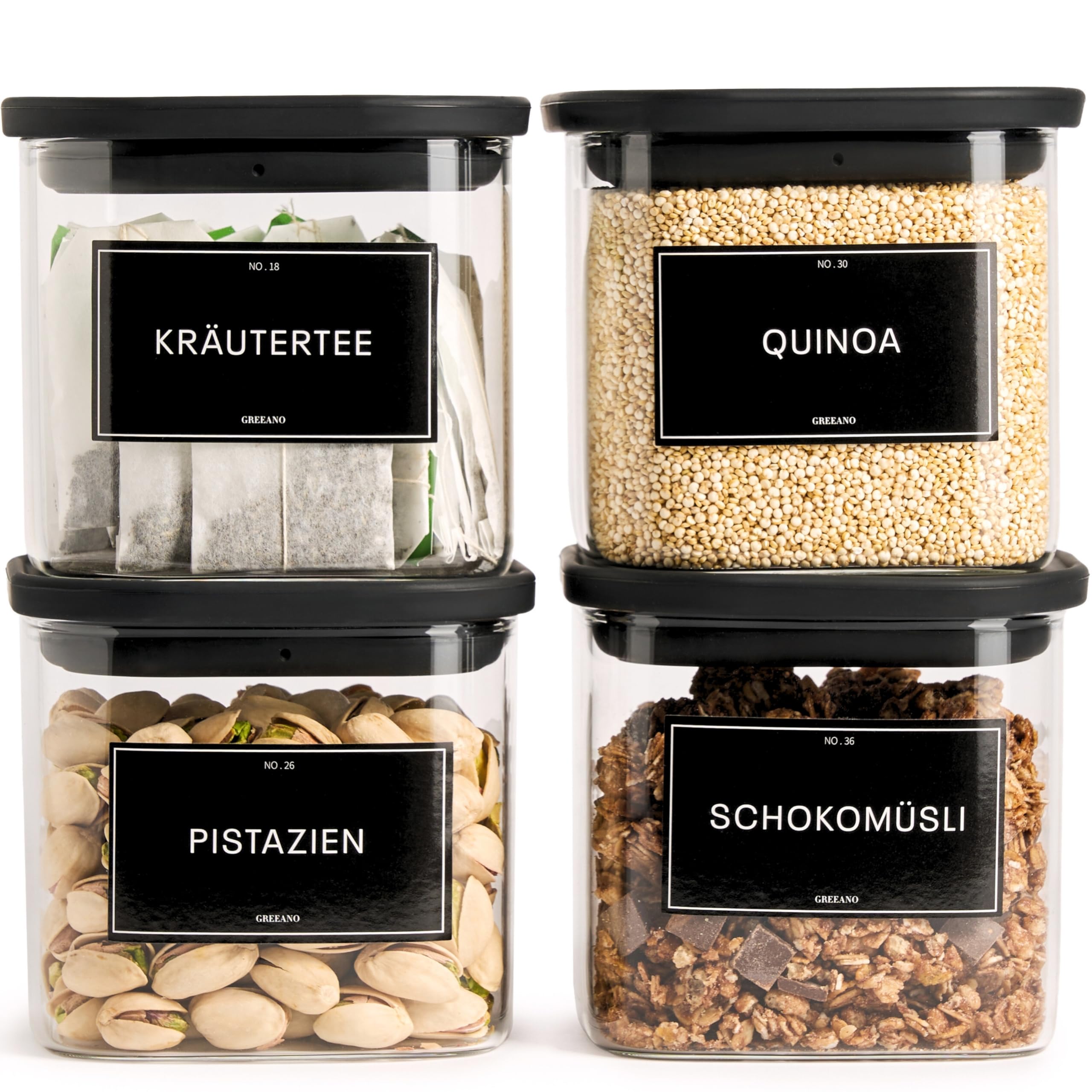 Greeano Vorratsgläser eckig mit Glasdeckel 600ml [4er Set] – Vorratsdosen Glas luftdicht & mottensicher – Aufbewahrungsgläser Küche für Lebensmittel, Nudeln, Mehl, Müsli, Kaffee
