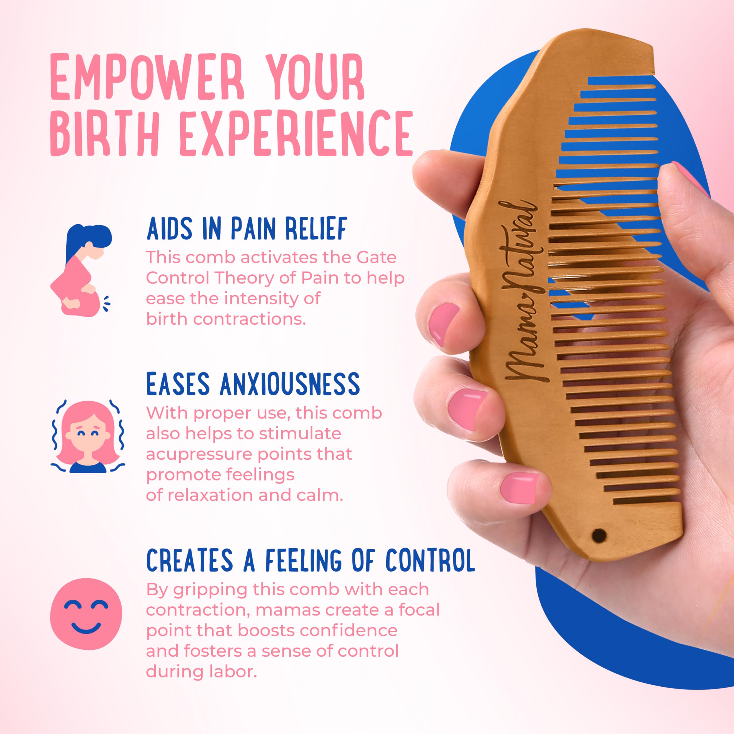 Mama Natural Tide - Peine de parto para el dolor de parto (1 pieza), peine de madera para mujeres, peine de trabajo de parto y artículos esenciales para el parto, peine de madera para embarazo, alivio