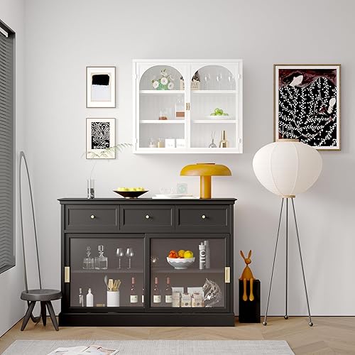 Miniatura 3 de Armario de pared de doble puerta de vidrio estilo retro con estantes desmontables para oficina, comedor, sala de estar, cocina y baño, color negro