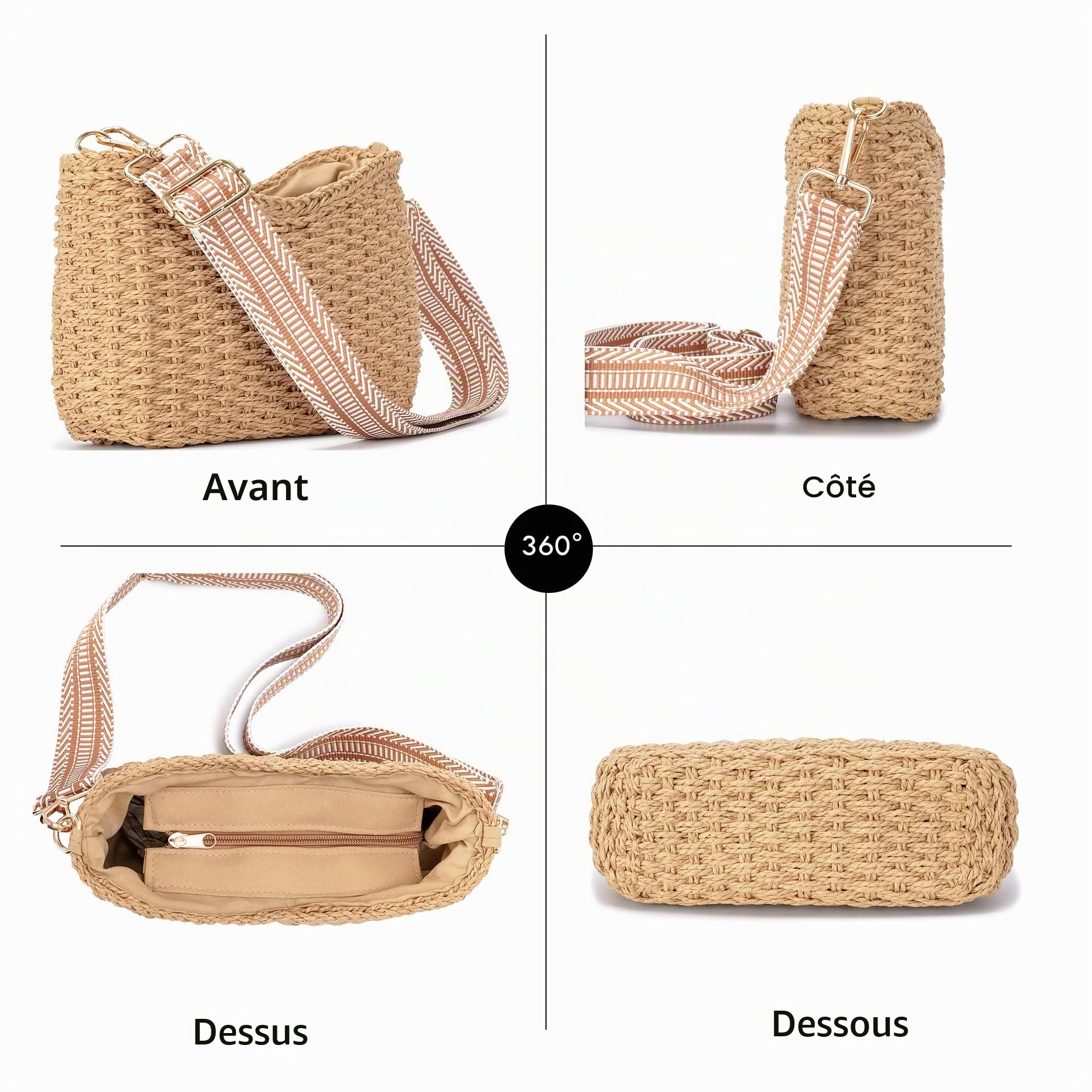 Herald Petit sac à bandoulière d'été pour femme, sac à main en paille tissée, sac à main à bandoulière, café, Small