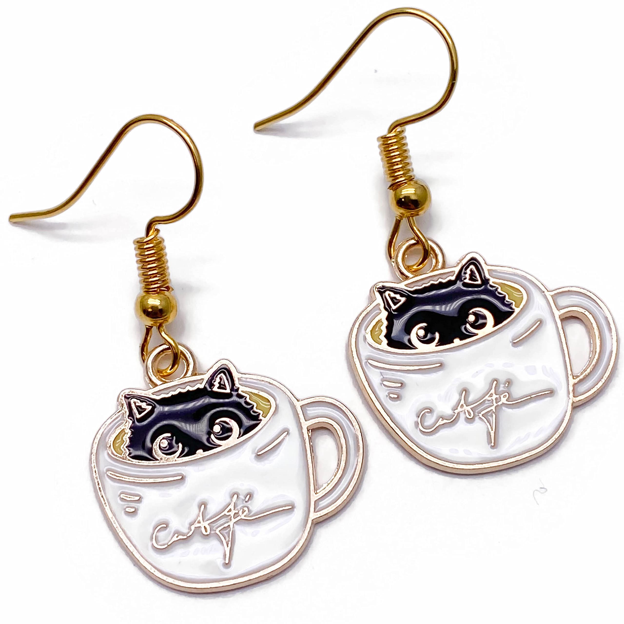 Vilda JewelleryCat Earrings, Cute Kitty in a Coffee Cup Enamel Charm Beads on Nickel Free Gold Tone Hooks : 38mm long, Animal Pet Kitten Lover Gift