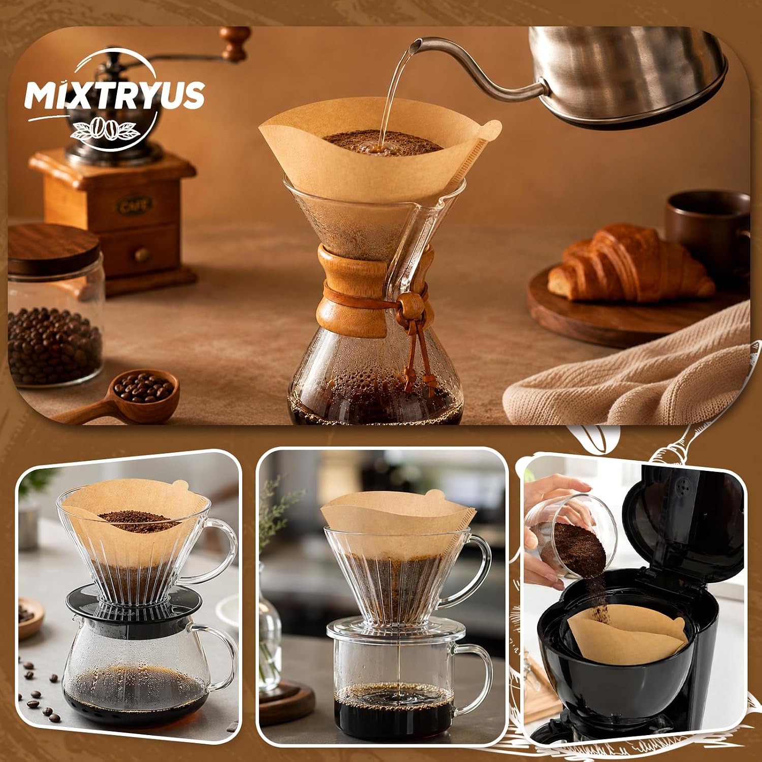 #4 Cone Coffee Filter 8-12 cup 1000Count, Natural Unbleached Paper Coffee Filters, Disposable Cone Coffee Filters Compatible with Ninja, Drip and Pour Over Coffee Maker, Suitable for Office & Home