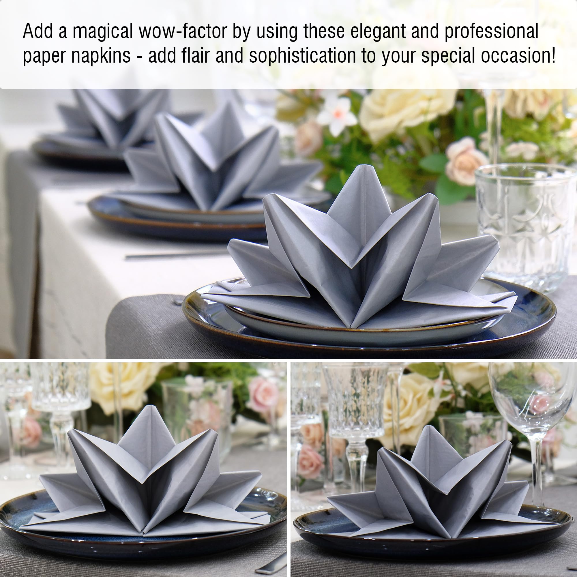120 servilletas de lujo plegadas plateadas. Servilletas desechables de papel de 3 capas suaves con tacto de lino, para cenas, fiestas, bodas, restaurantes, grandes y elegantes, 40 x 60 cm