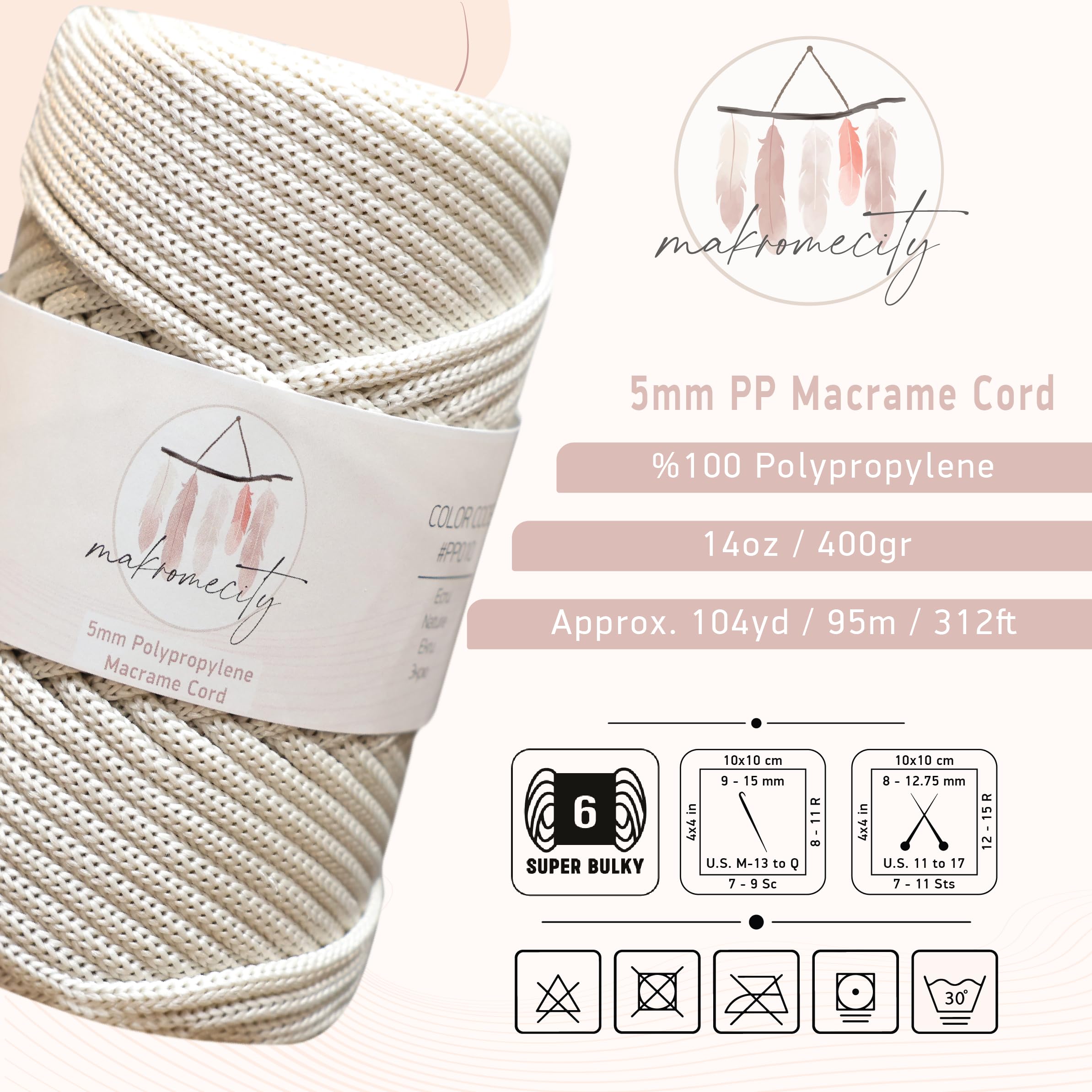 Makromecity Fil De Macramé De Qualité Supérieure,2 Mmx230 M,En Polypropylène ,Pour Artisanat, Décoration De La Maison, Assiette De Table, Sac à Main, Coureur, Attache-tétine,20 Couleurs (latte