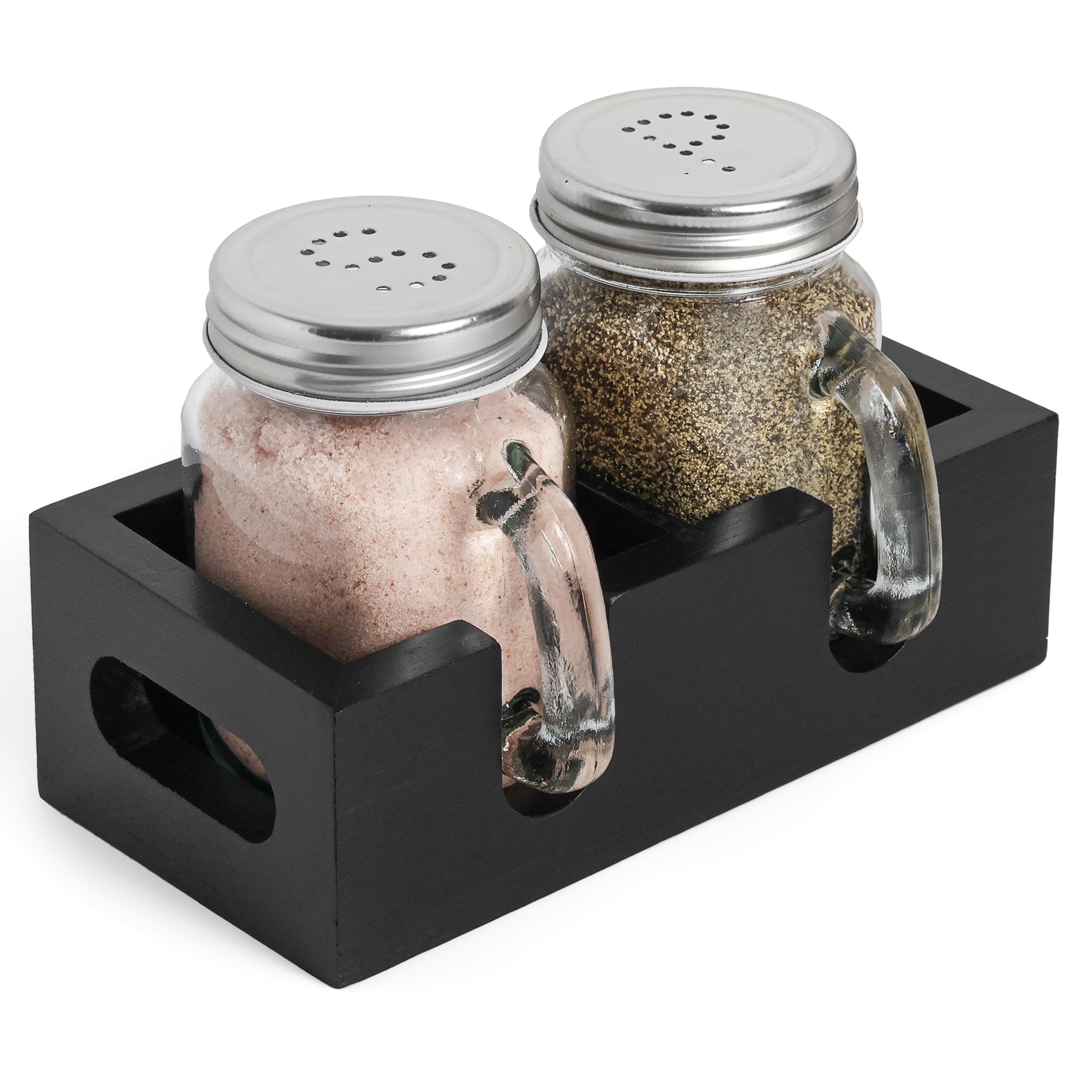 Mason Jar Salt and Pepper Shakers - Glass Shaker Set with Wood Holder Caddy, Easy to Clean & Refill for Farmhouse Kitchen Table, Home and Gifts (Black