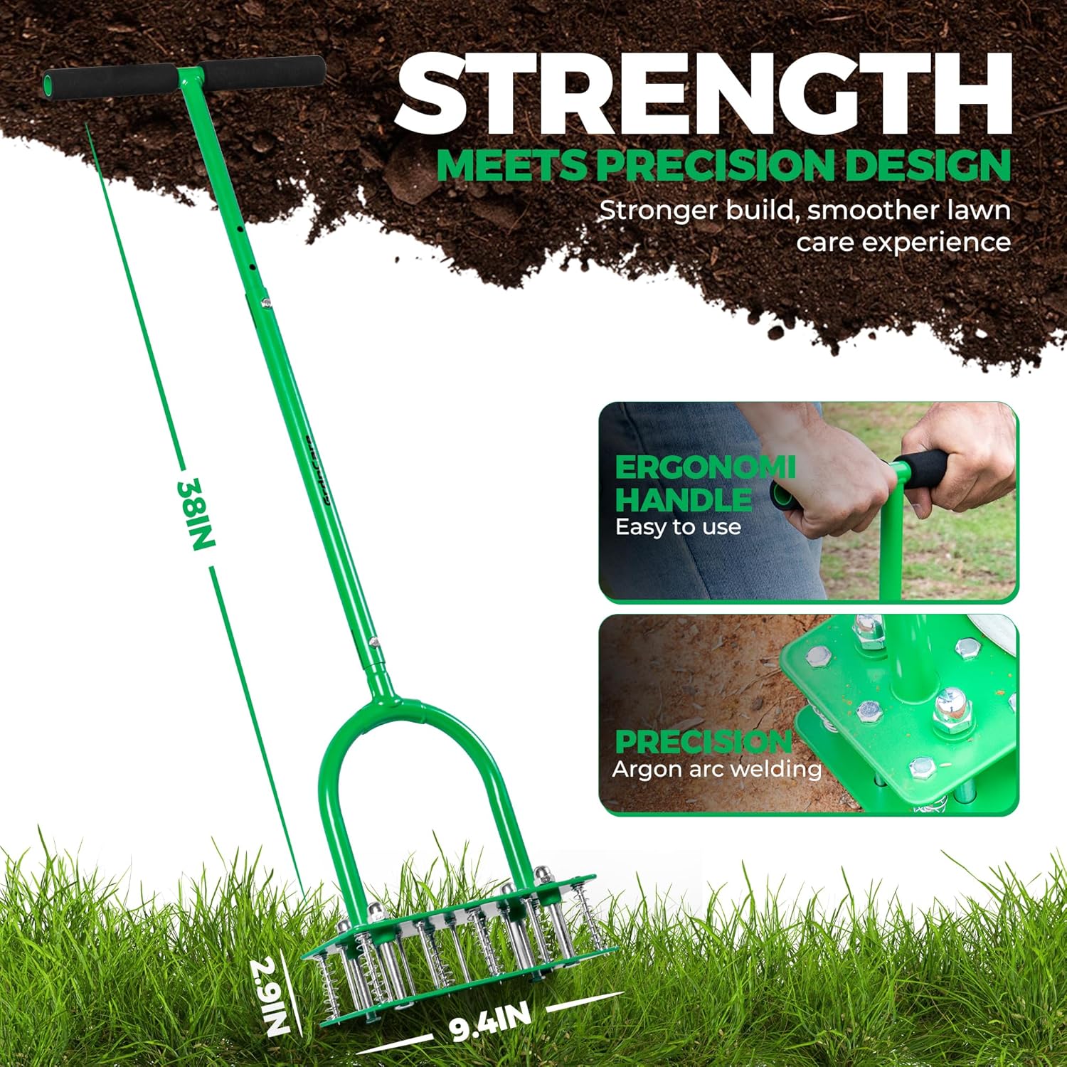 GrdnCare Aerator Lawn Tool with 15 Iron Spikes, 6-Spring Self-Cleaning Heavy-Duty Lawn Aerator Tool -Automatic Reset & Dirt/Leaf Clean System for Soil Loosening & Dethatching in Yard, Patio & Garden