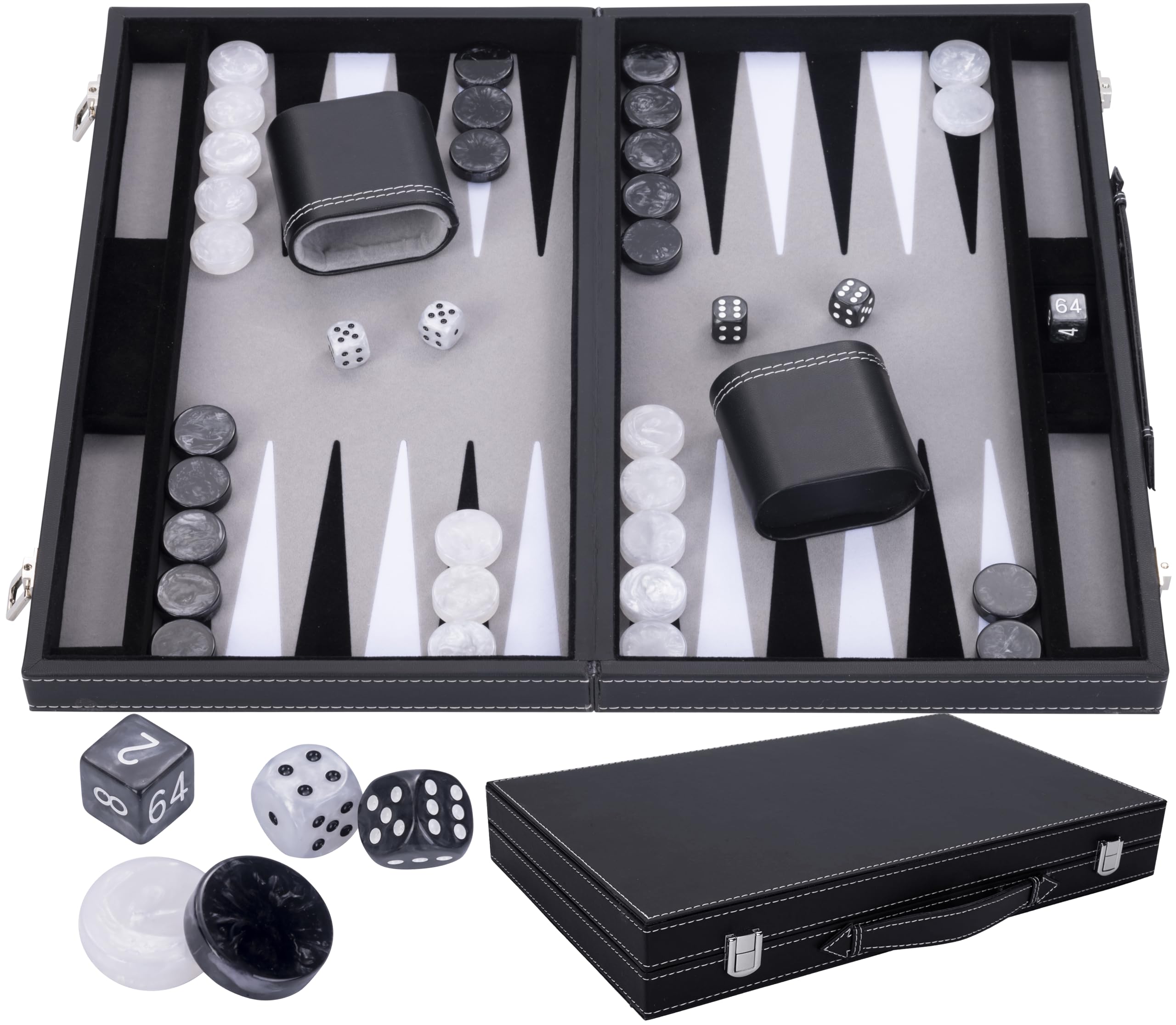 Engelhart - 250509 - Gran Backgammon de Lujo 18 Pulgadas - 45 cm - Símil Cuero & Incrustación de Fieltro - Dados & Fichas Nacaradas + 2 Cubiletes - Juego de Estrategia - Profesional & Ocio