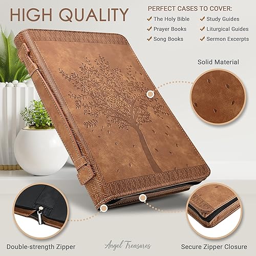 Miniatura 3 de Funda para Biblia con diseño de árbol de la vida grabado, funda protectora de piel sintética auténtica con asa, cremallera, bolsillos y ranuras para