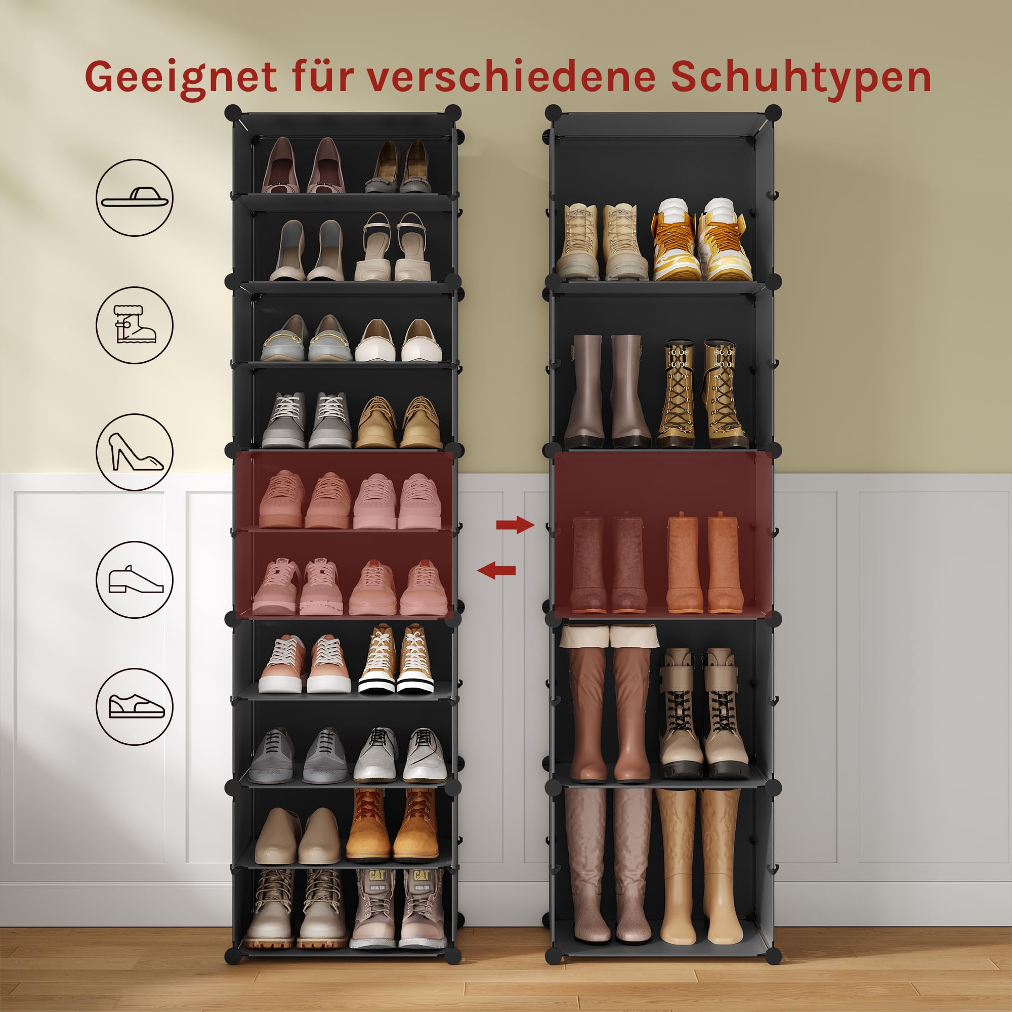 WOLTU Schuhregal 10 Ebenen, Schuhschrank Schmal mit Türen, Weiß + Schwarz | Schuhaufbewahrung für 40 Paar Schuhe bis zu 48 EU, modularen PP-Platten, Hammer und Hacken, für Flur Wohnzimmer Schlafzimmer