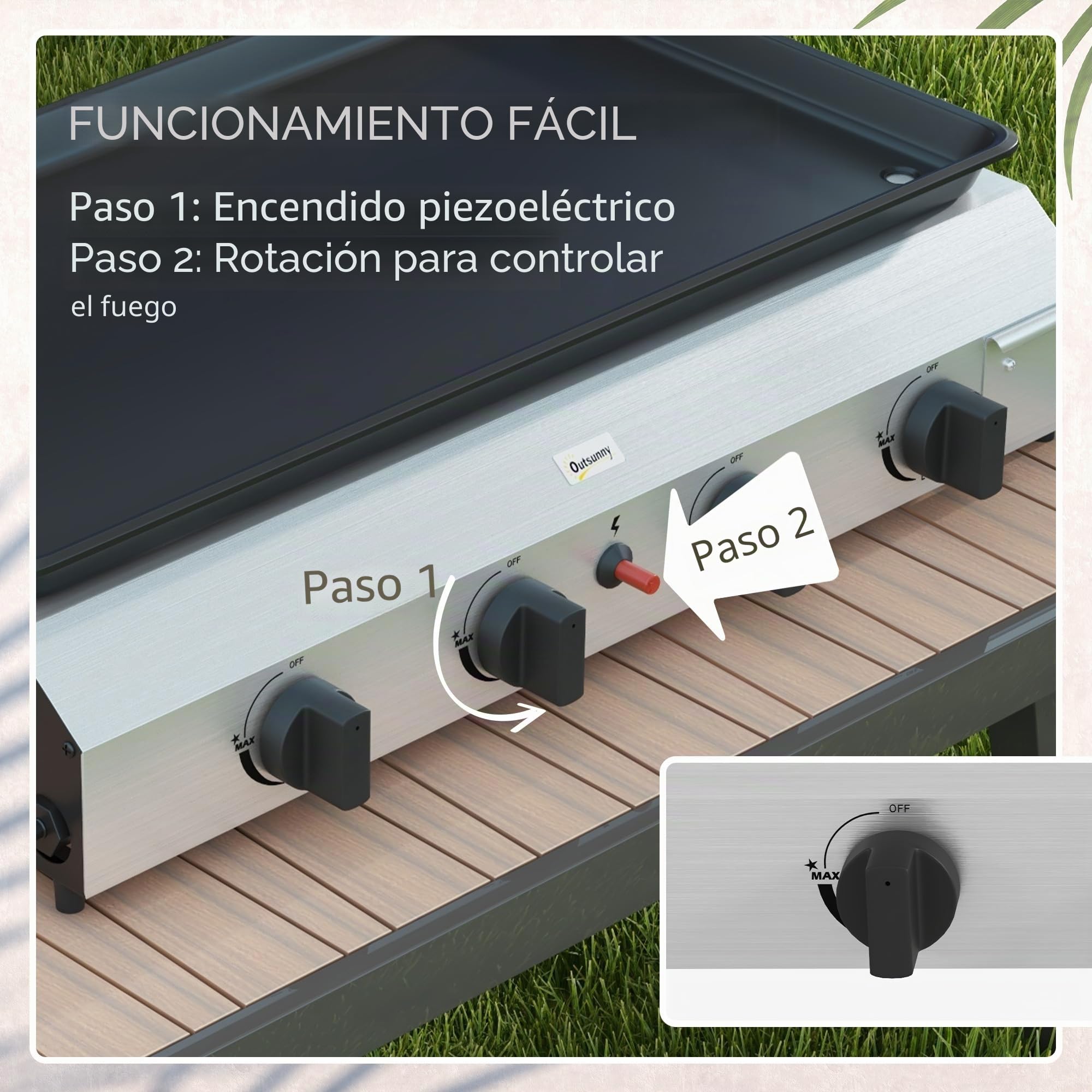 Outsunny Plancha de gas de acero inoxidable esmaltado placa de cocción 4 quemadores 9,6 kW antiadherente gran superficie de cocción 73 x 34 cm, transportable