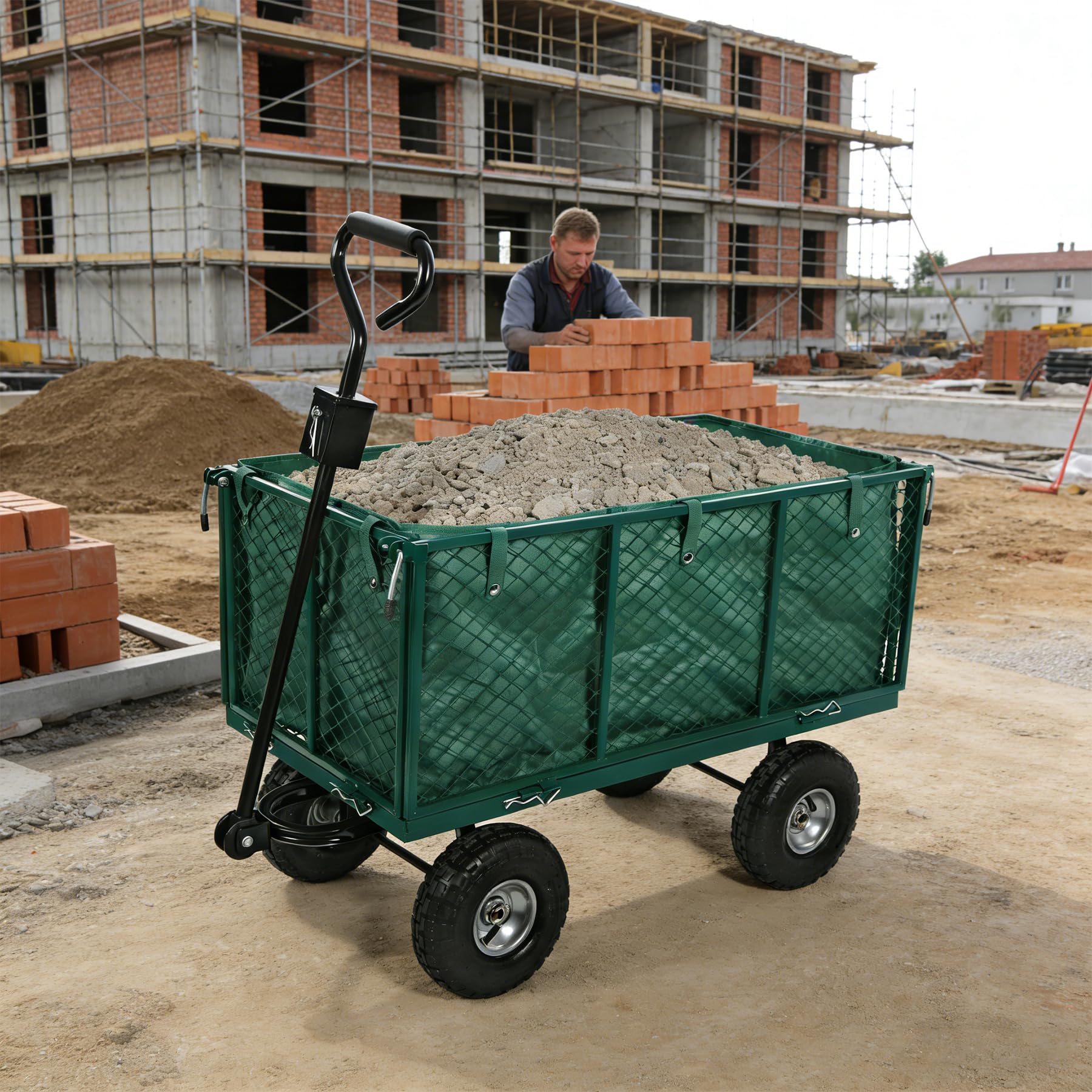 Übergroßer Faltbarer Bollerwagen, max. 300 kg, erhöhter Zaun | Stabiler Gartenwagen mit abnehmbarer Plane, Metallgittern, Luftreifen – ideal als Handkarren für Strand Hof Baustelle