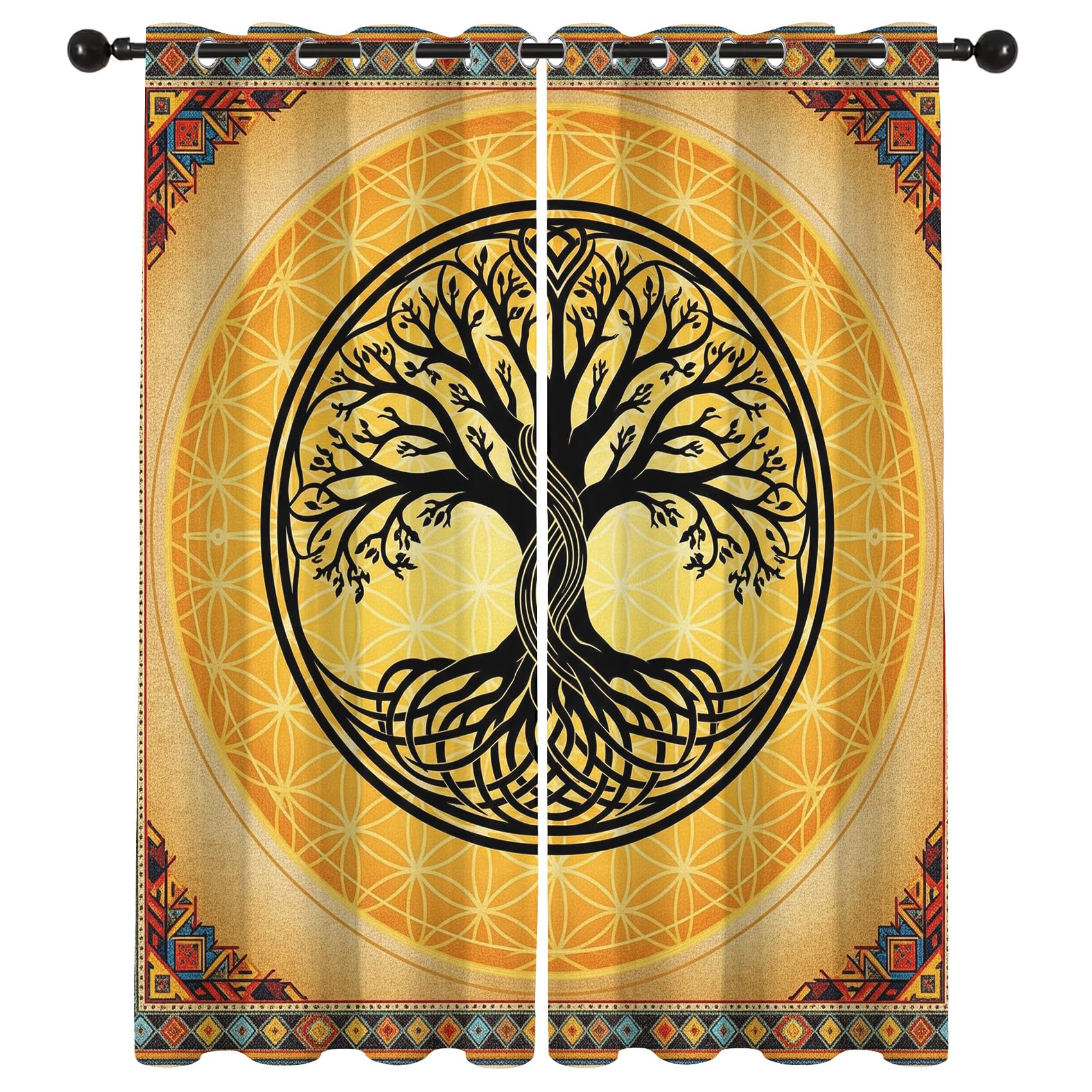 Lebensbaum Yggdrasil Gold Vorhänge Blickdicht Gardinen mit ösen Keltisch Blume des Lebens Vorhang 175 cm Lang Verdunklungsvorhänge für Schlafzimmer Wohnzimmer Fenster 2er Set