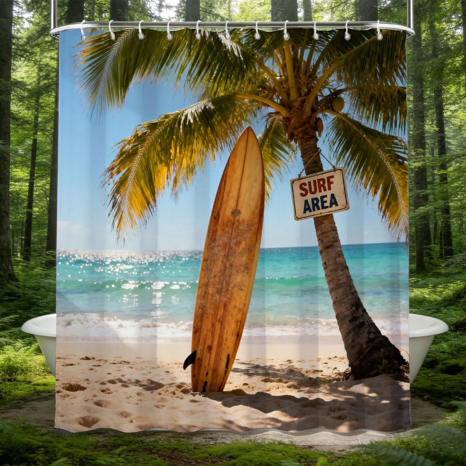 Hongduo 3D Beach Surfing Shower Curtain for Stalls Bathtubs Surfboard Bathroom Decor Shower Curtain Set Polyester Fabric Waterproof 180x200cm/71X79 Inch with Hooks