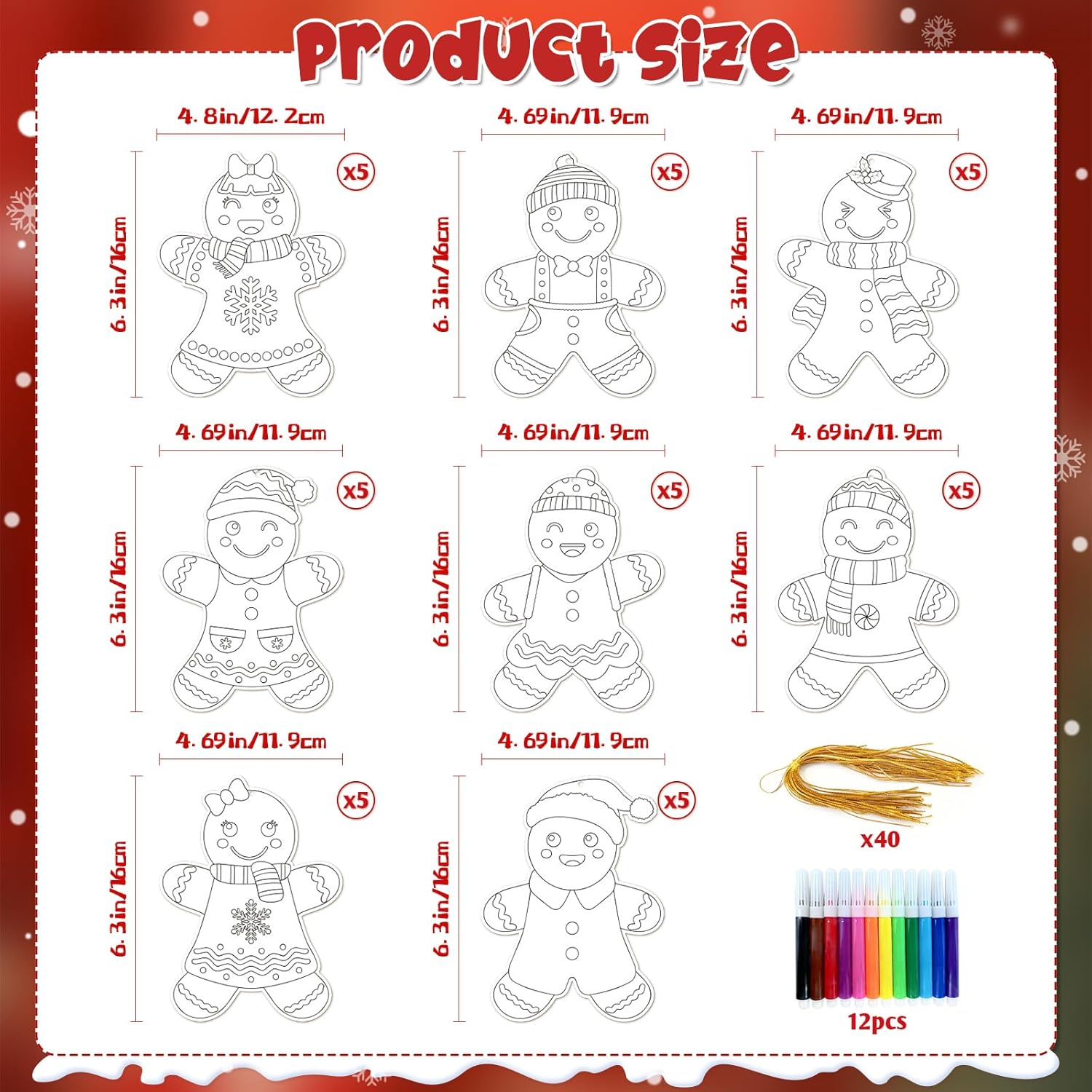 40Pcs Christmas Gingerbread Man Coloring Kit, DIY Paper Xmas Coloring Arts Ornaments with Ropes & Colorful Pens for Xmas Party Home Classroom Activity, Christmas Ornaments Hanging Decorations