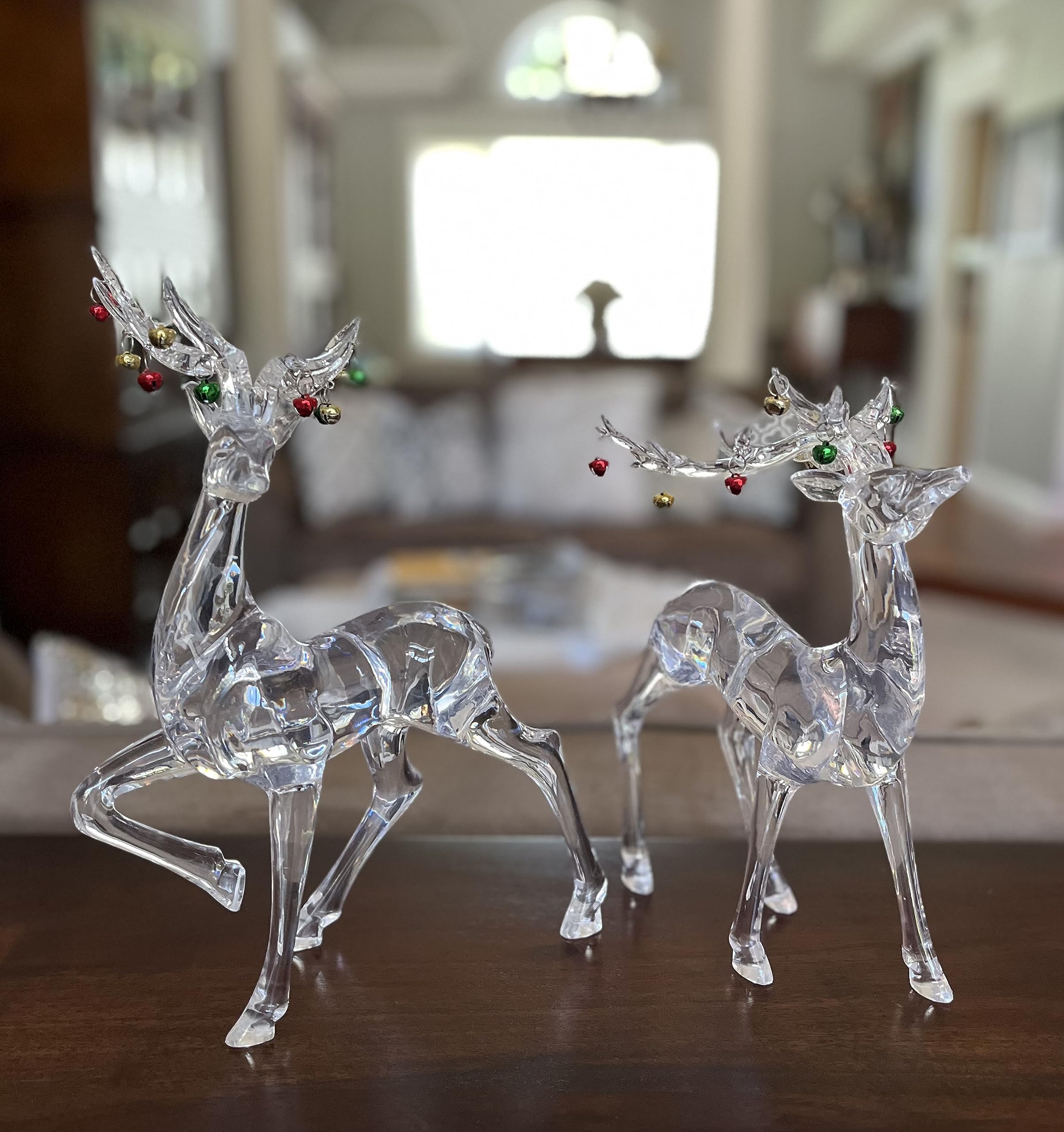 Juego de renos de Navidad de acrílico transparente de 2 pulgadas, cascabeles de Navidad en cuernos, figuras de ciervo navideñas, 10 y 11 pulgadas de alto, aspecto de vidrio cortado