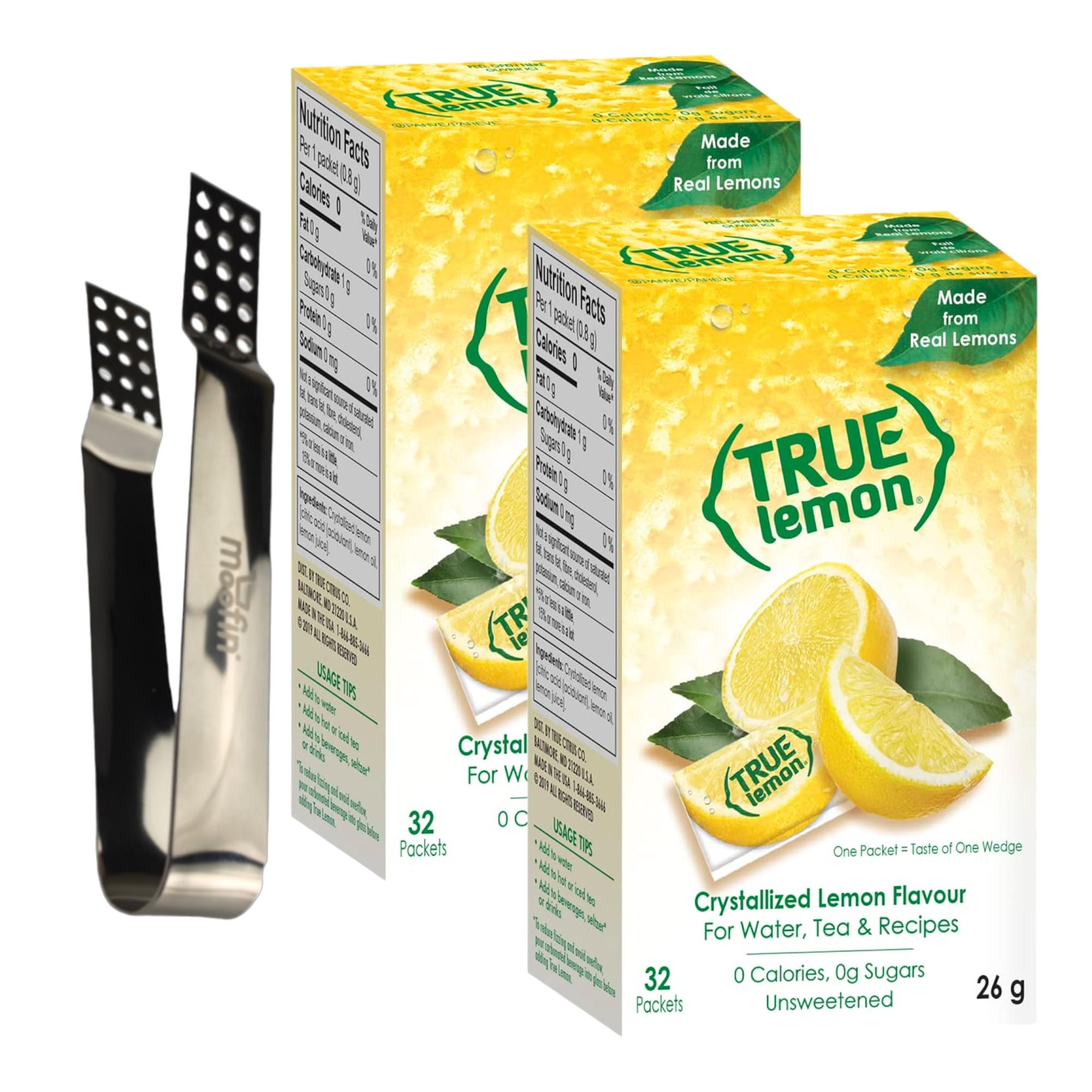moofinTrue Citrus True Lemon Crystallized Packets, 32 Packets- Silver Ss Tea Bag Squeezer, Zero-Calorie Sugar-Free Drink Mix, Lemon Powder Drink Single-Serve Packets For Beverages [Pack of 2]