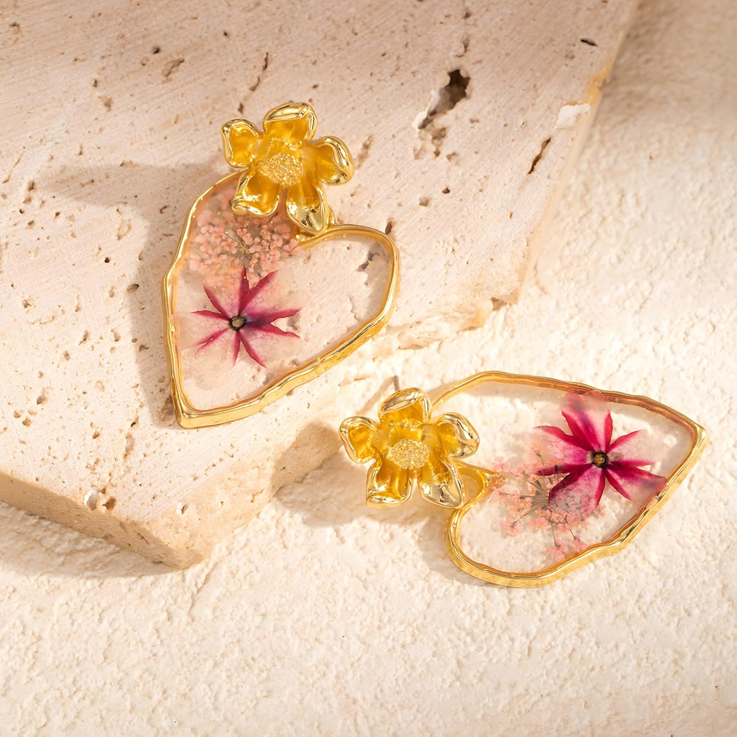 Dried Flower Heart Drop Earrings for Women Resin Dry Flowers Earring Handmade Pressed Real Flower Earrings - Image 4