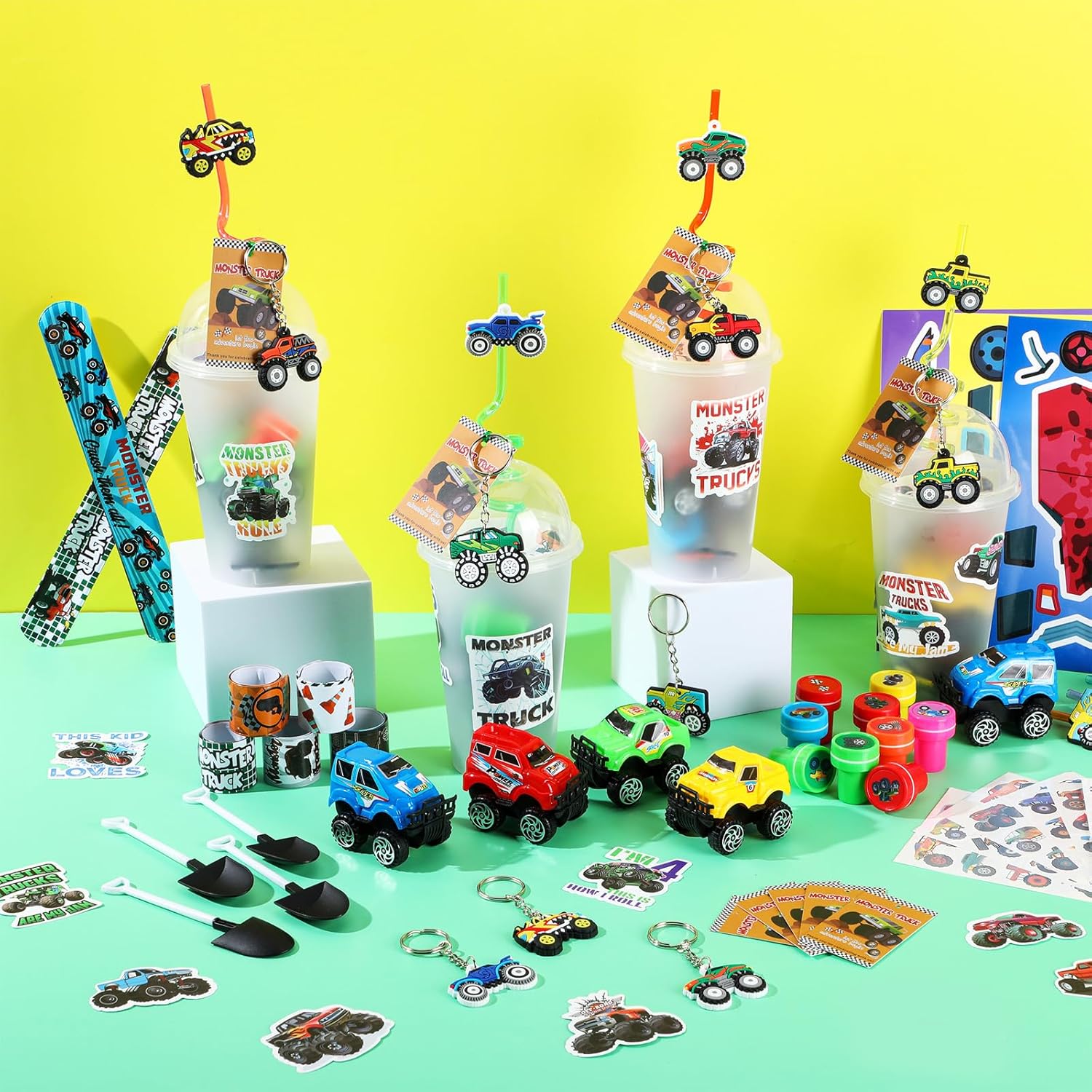 HyDren 211 Pcs Truck Included Gift Cup Straw Keychain Slap Bracelet Mini Truck Sticker Stamper Card Tattoo Sticker Shovel Tag Cable Tie For Birthday Gift Prize - Image 7