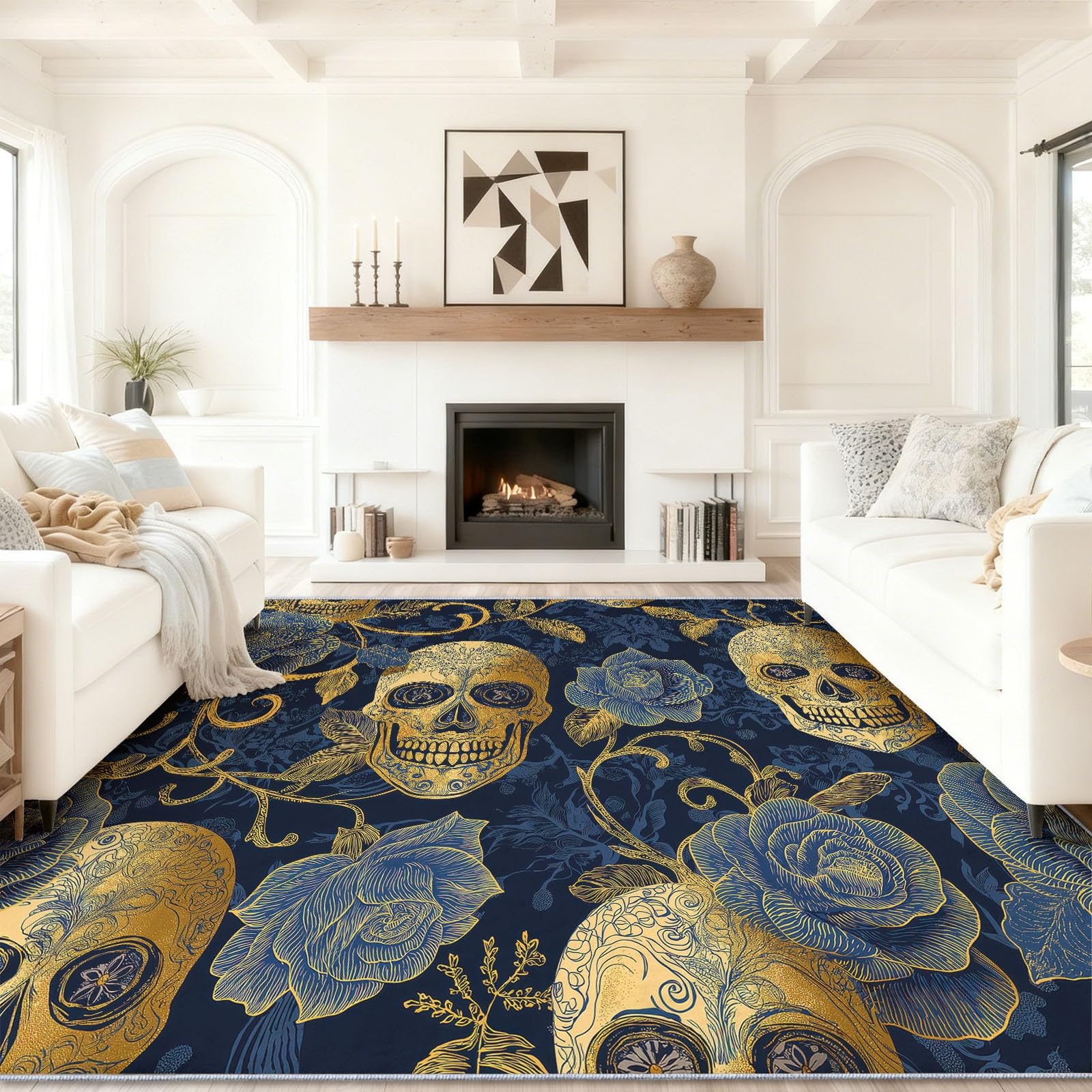 Tapis de salon lavable et antidérapant bleu or pour une maison propre et sécurisée